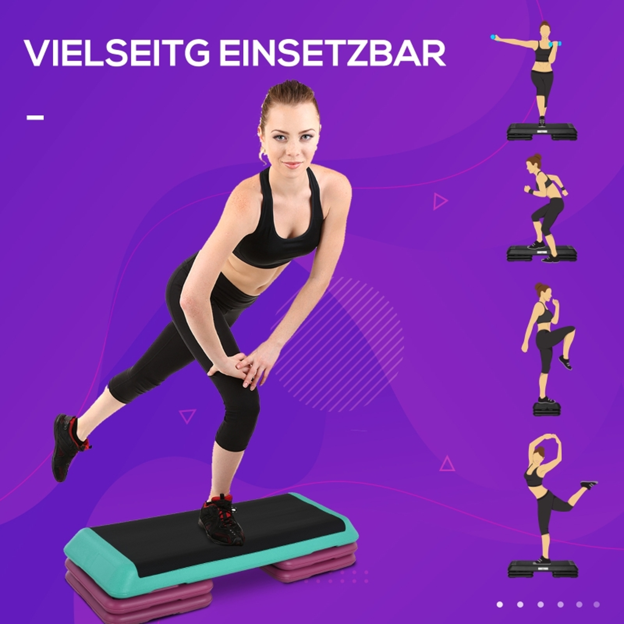 Frau macht Aerobic-Übungen auf einer Stepper-Plattform mit weiteren Übungen daneben.