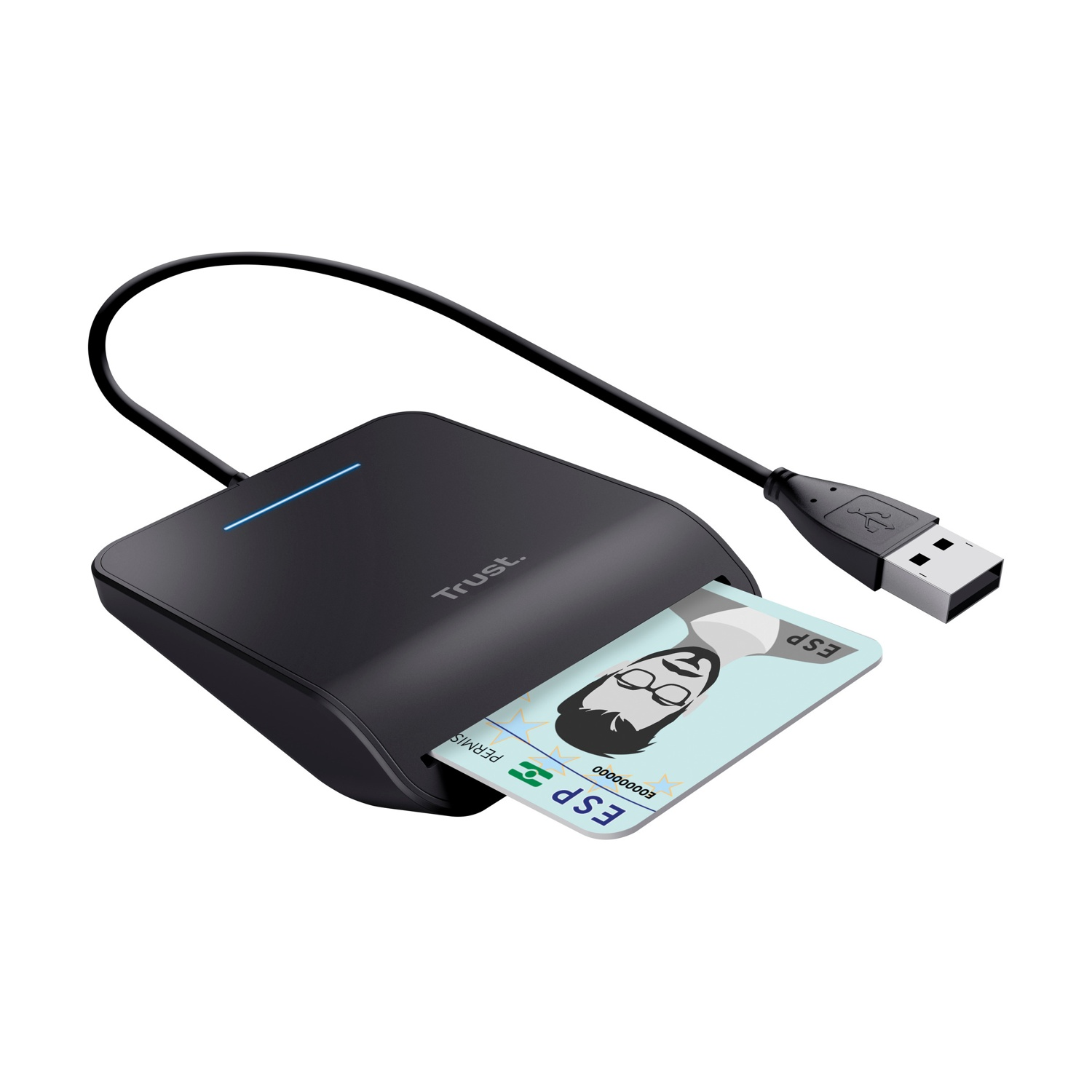 Lettore di carte nero con cavo USB e un tesserino inserito.