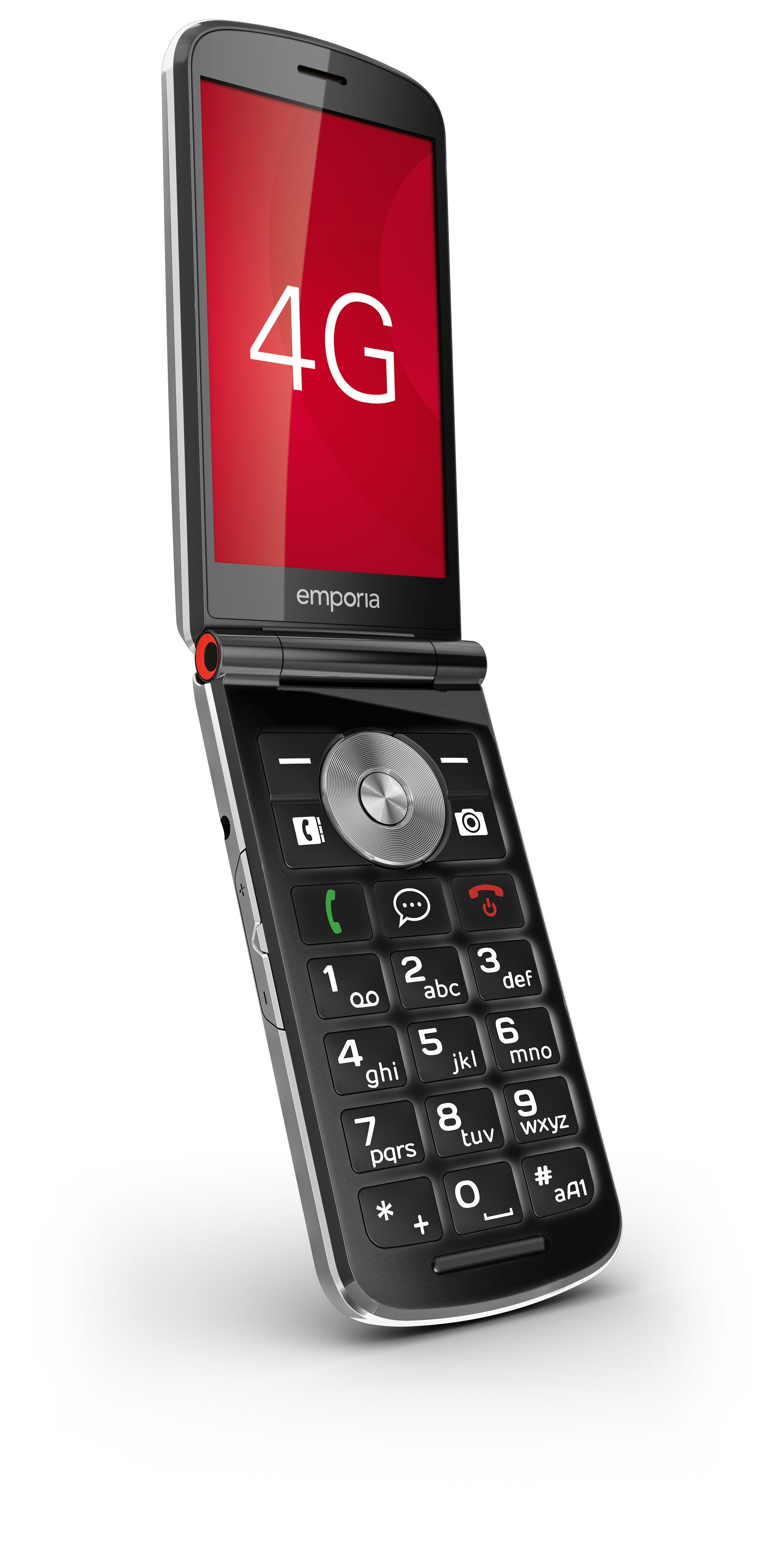 Ein offenes schwarzes Emporia Klapphandy mit 4G-Anzeige auf dem roten Bildschirm.