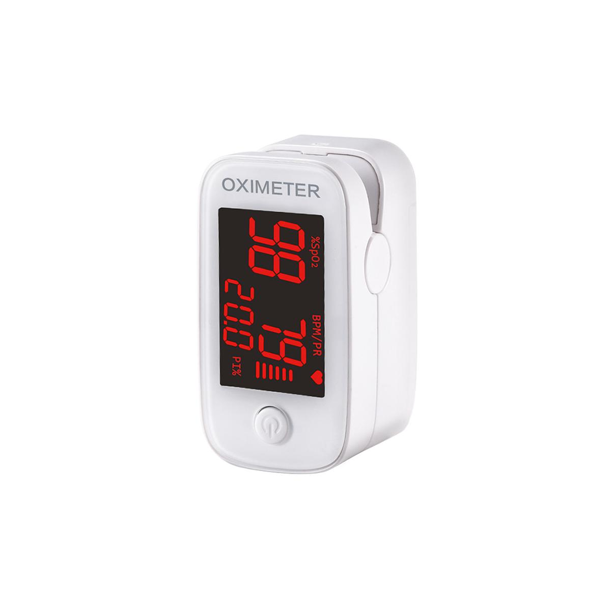 Un ossimetro bianco con display rosso mostra 98% SpO2 e 70 BPM.
