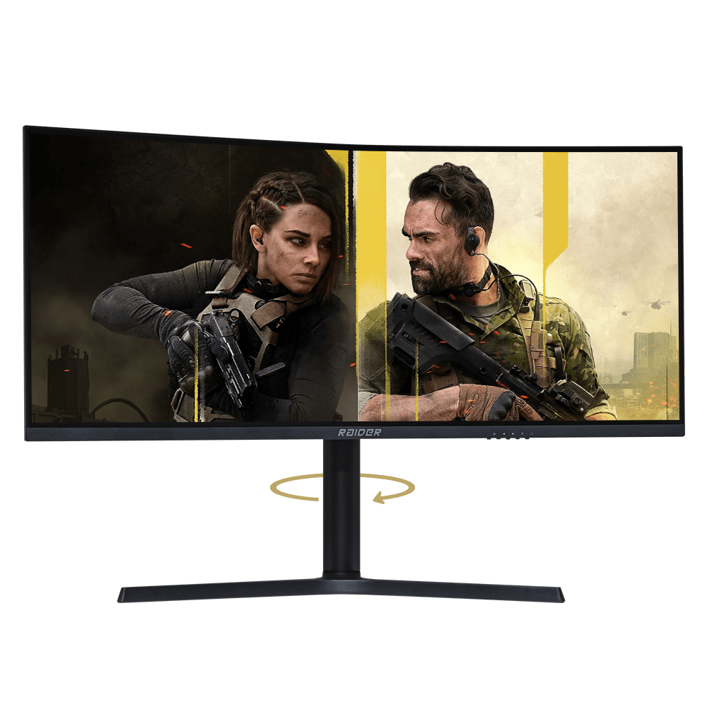 Two soldiers with guns in front of a city background, on a curved monitor.