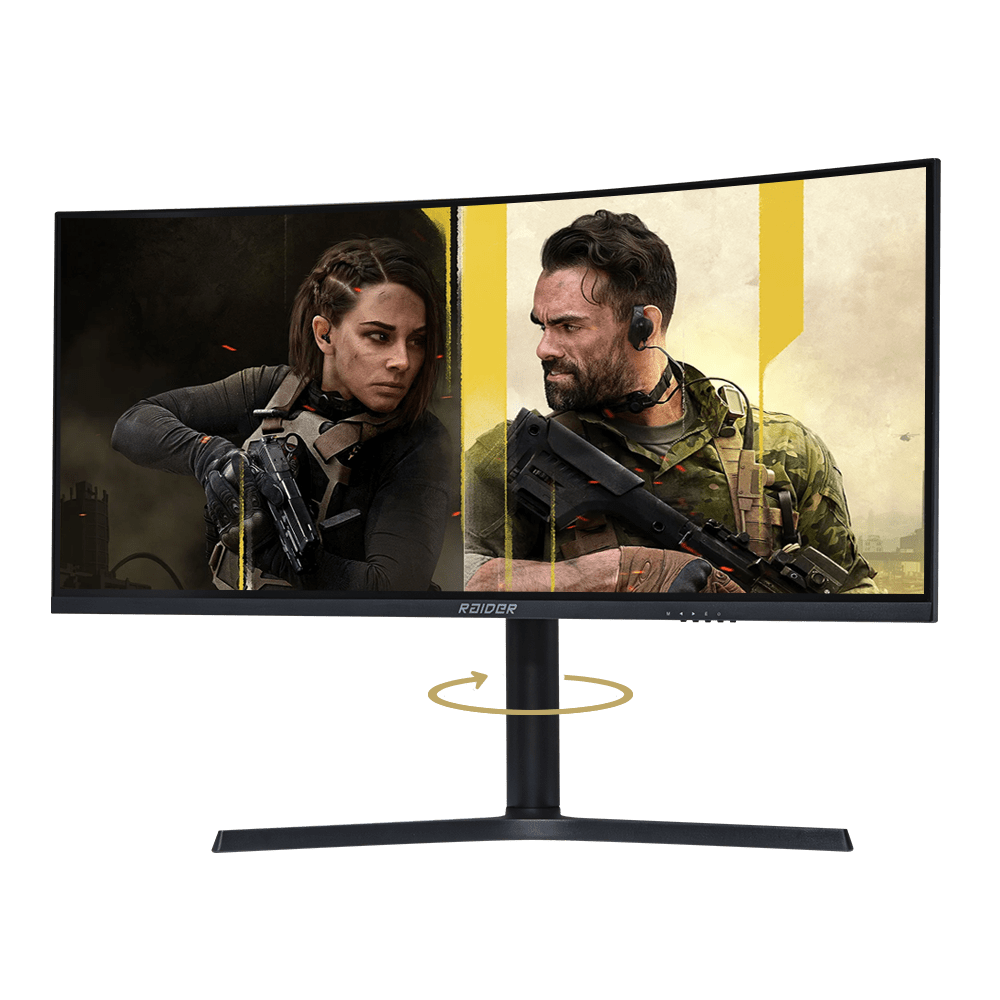 A curved monitor displays two soldiers with guns looking at each other.