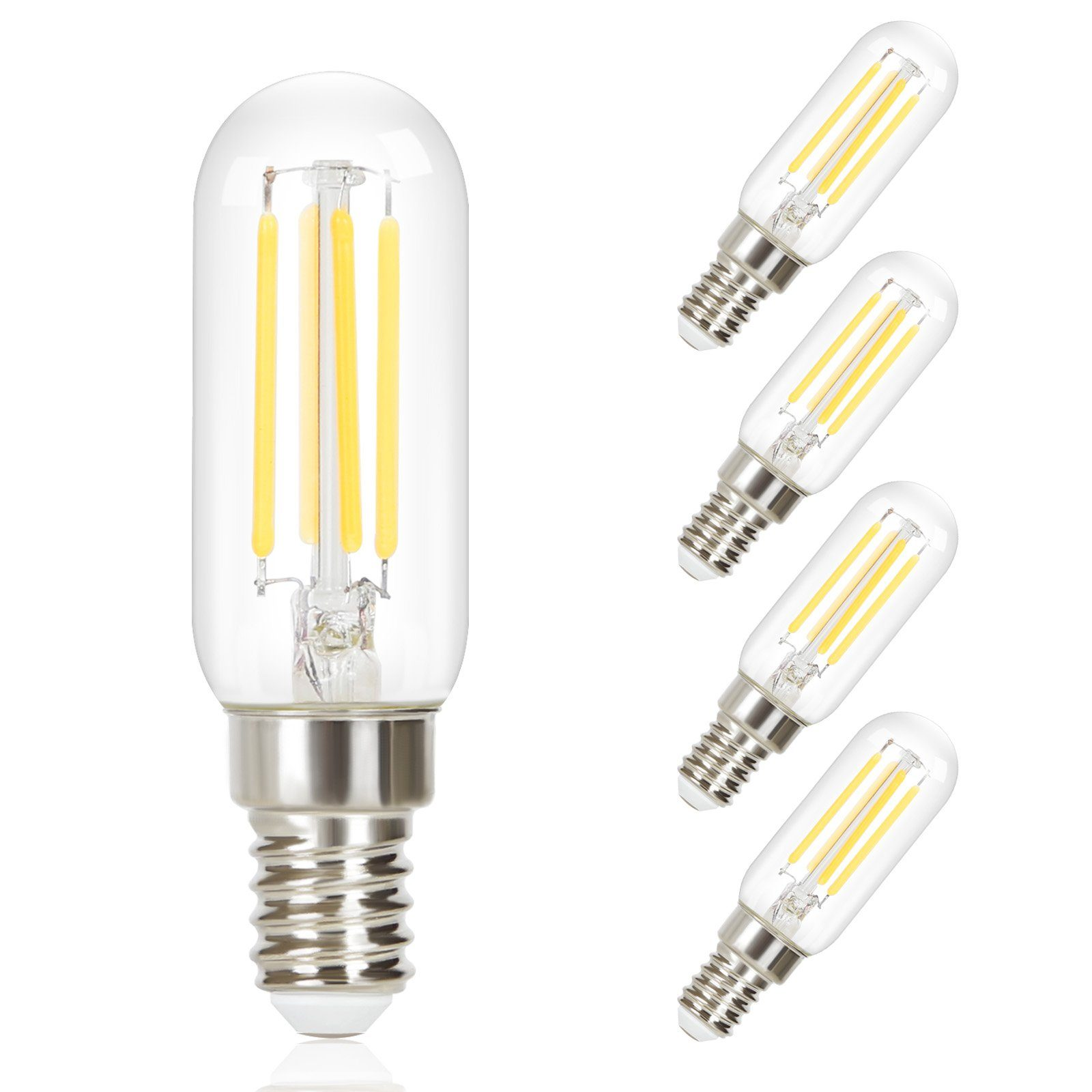 Una lampadina a sinistra, altre quattro a destra. Bulbi in vetro trasparente, filamenti visibili.