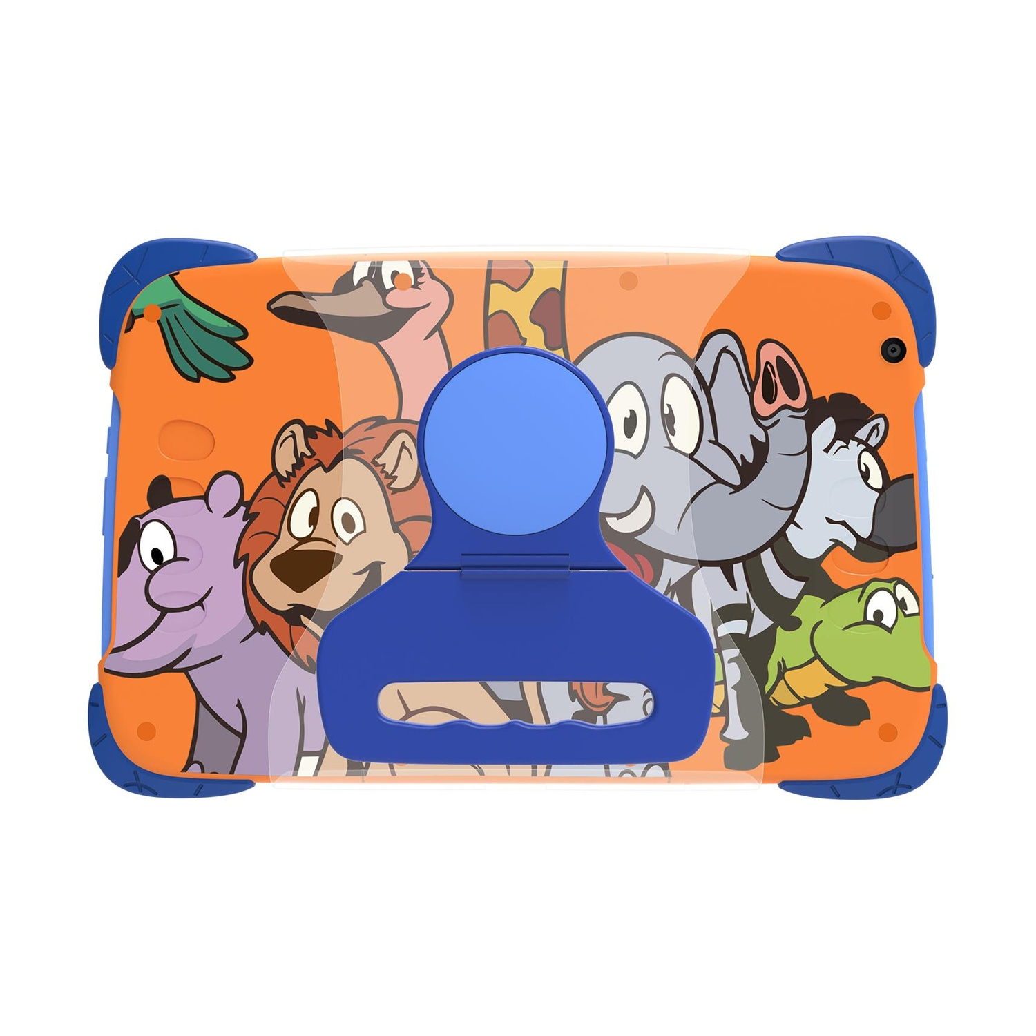 Ein orangefarbenes Tablet mit einem blauen Griff und Cartoon-Dschungeltieren.