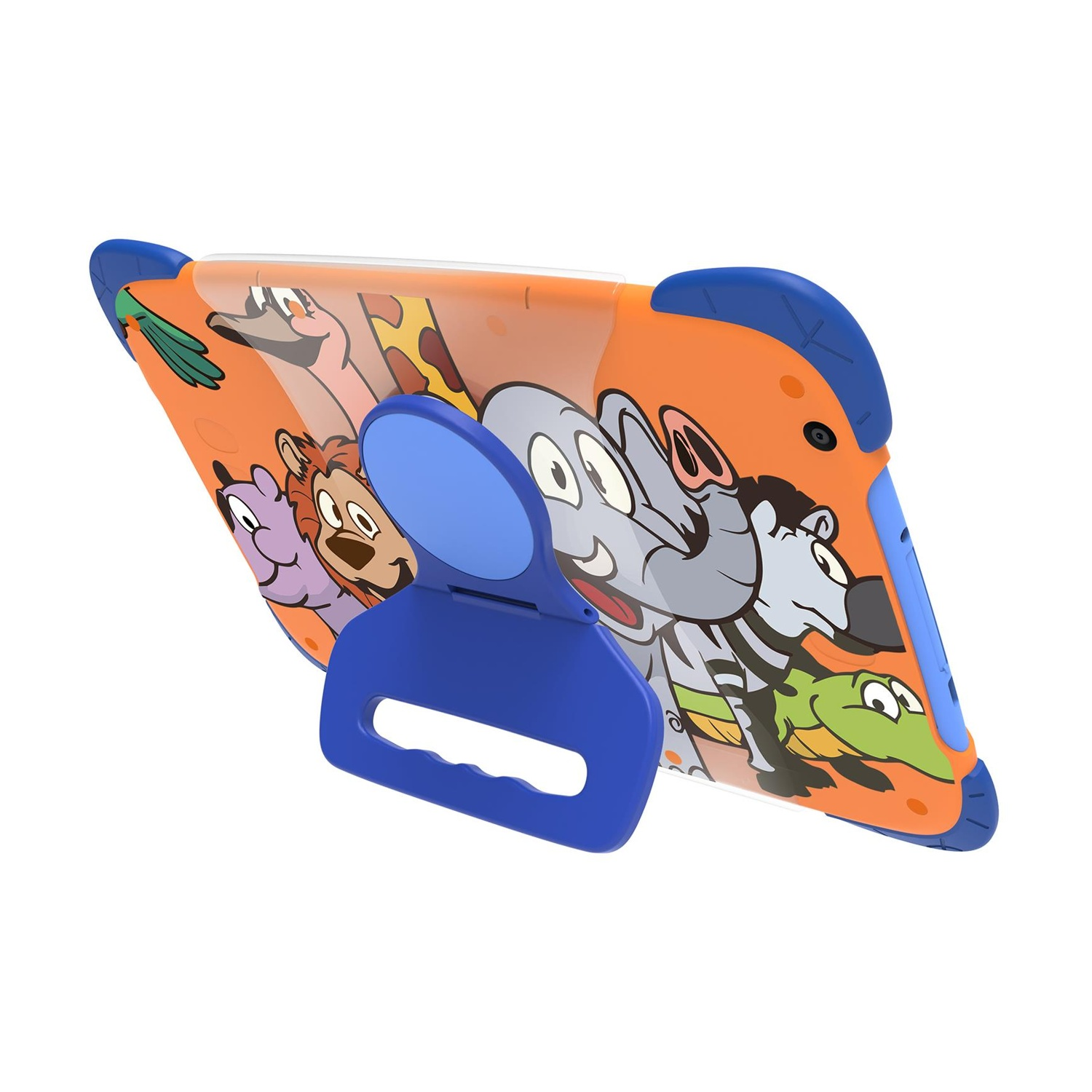 Orange Tablet Hülle mit Cartoon-Tieren und blauem Ständer.