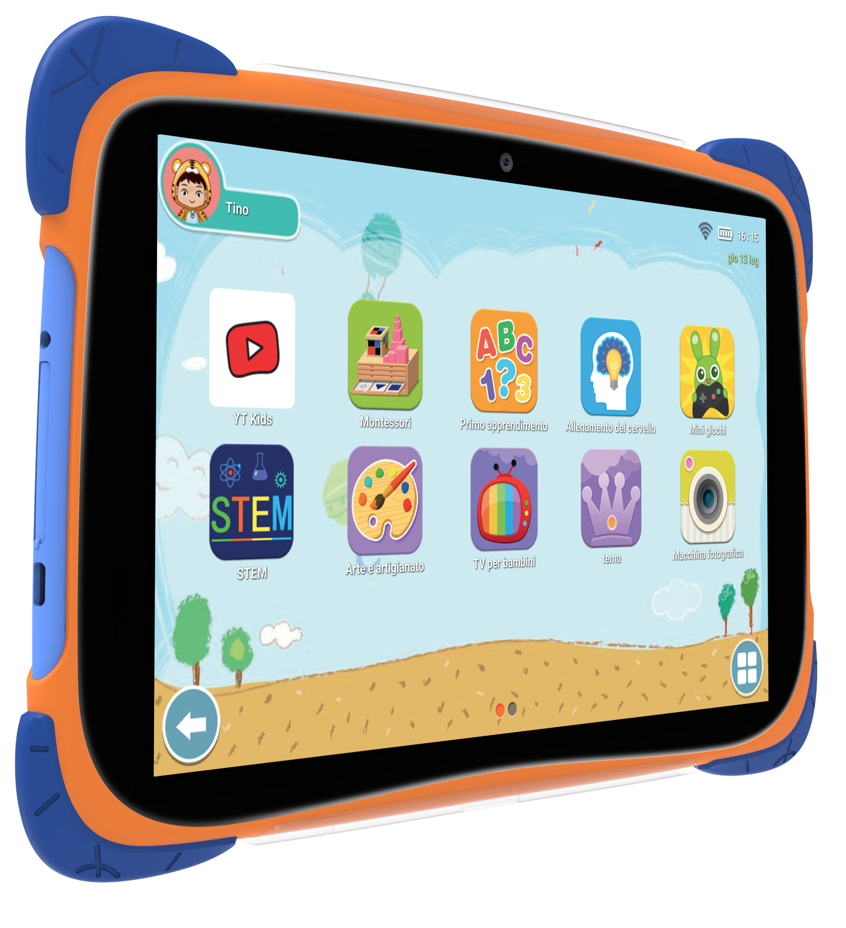 Ein orangefarbenes Tablet für Kinder zeigt bunte App-Symbole auf einem hellblauen Hintergrund.