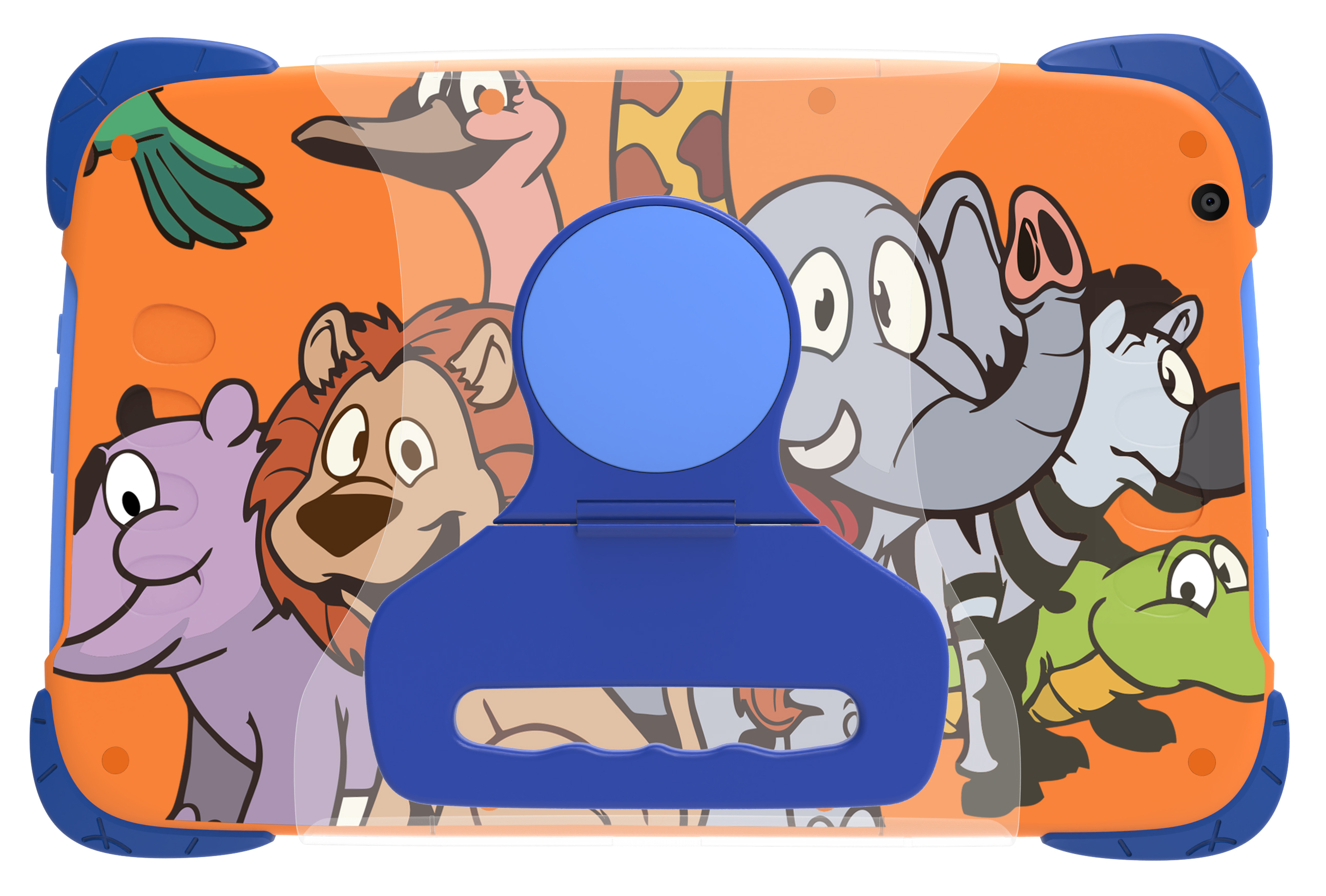 Orange Tablet mit Zebras, Elefanten, Löwen, Nilpferden und Schildkröten.