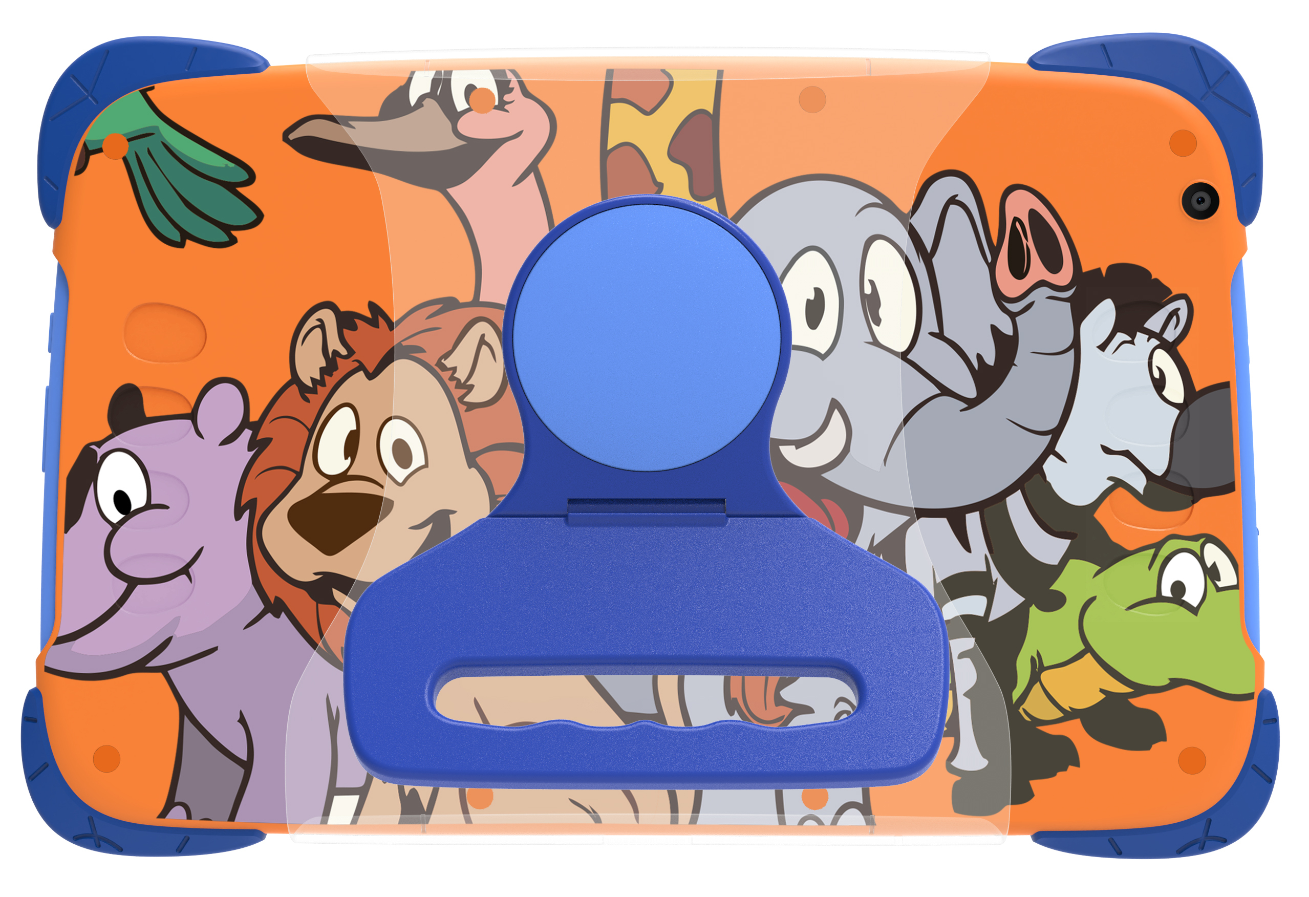 Ein orangefarbenes Tablet mit blauem Griff, verziert mit Cartoon-Dschungeltieren.