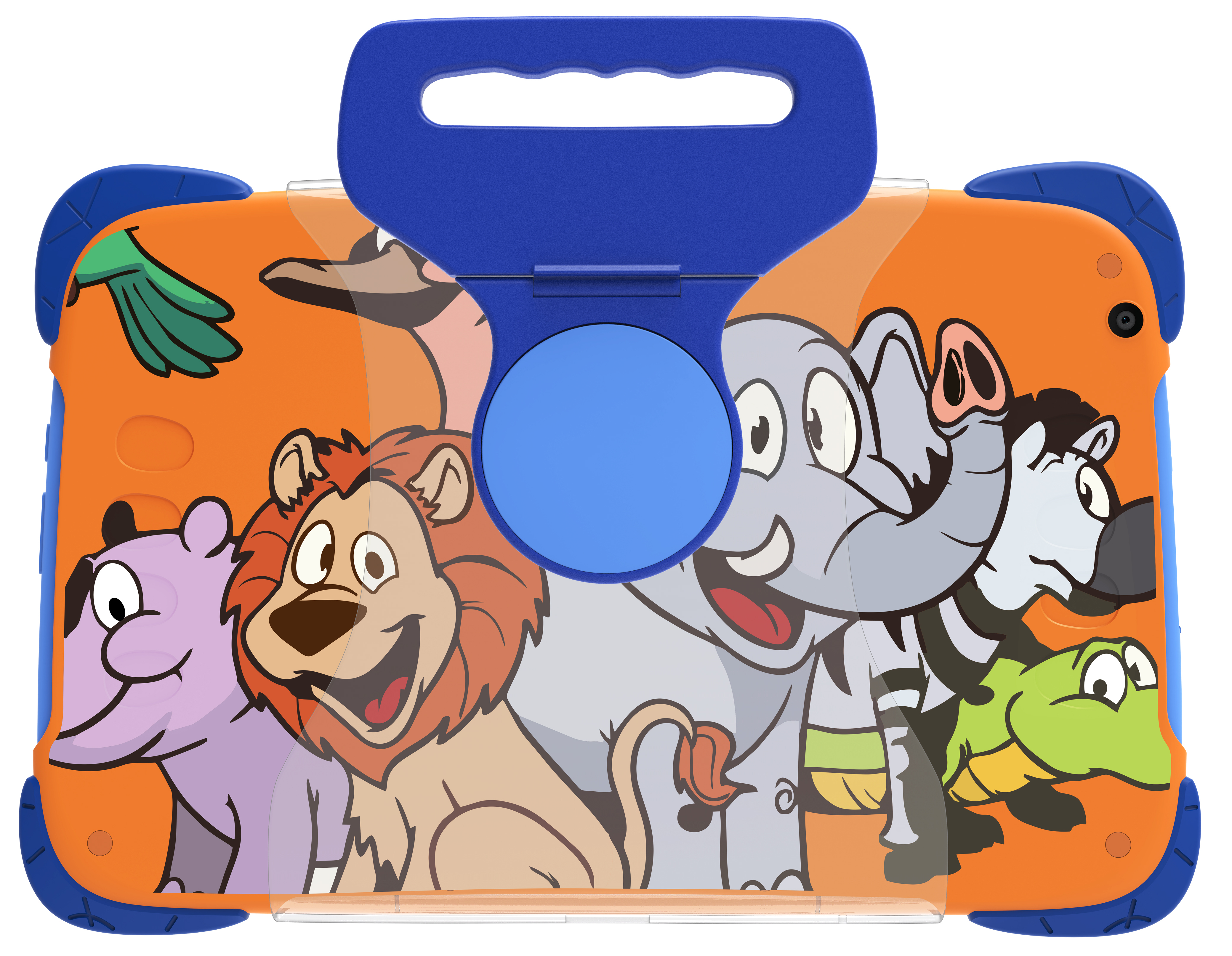 Blauer Griff, orangefarbene Hülle mit Cartoon-Tieren: Nilpferd, Löwe, Elefant, Zebra, Schildkröte.
