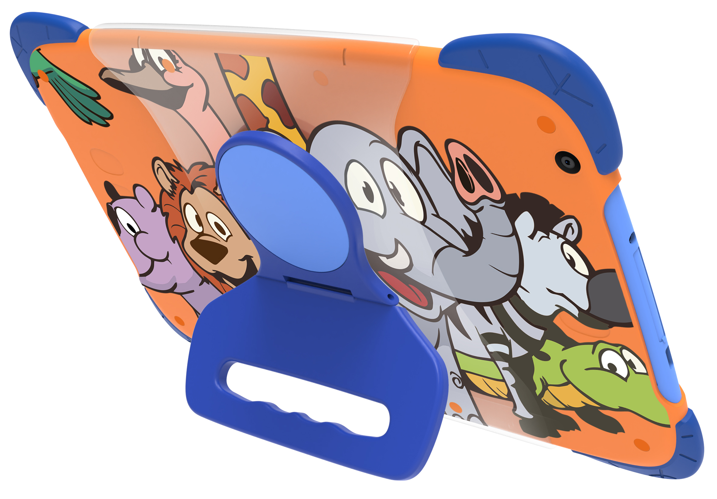 Orange Tablet Hülle mit Cartoon-Tieren und blauem Ständer.