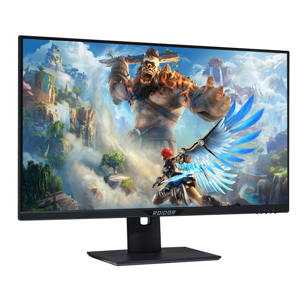 A monitor displays a fantasy game scene with a giant cyclops and a winged warrior.