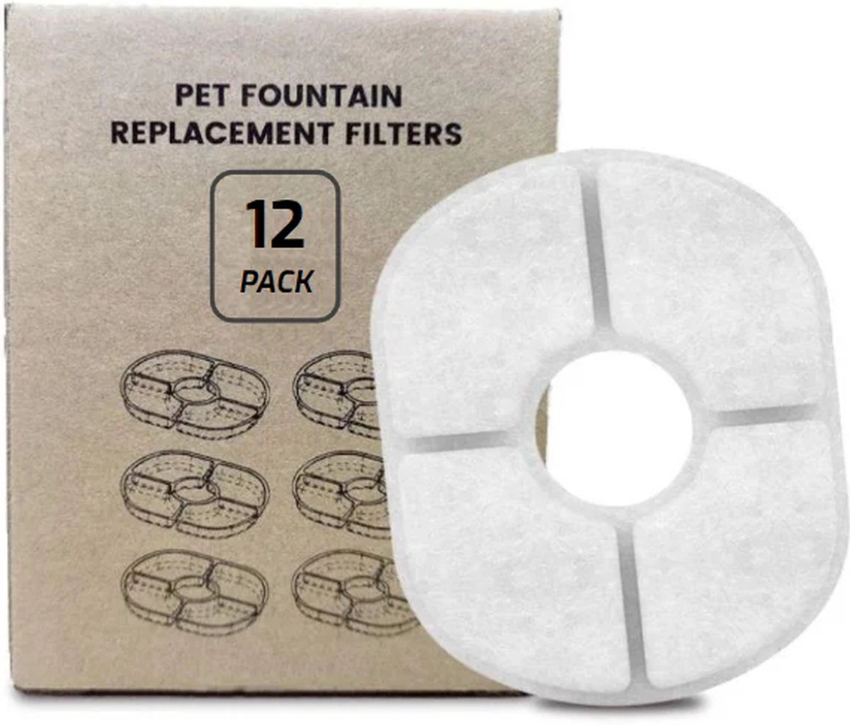 Een 12-pack vervangingsfilters voor huisdierfonteinen, één filter zichtbaar.
