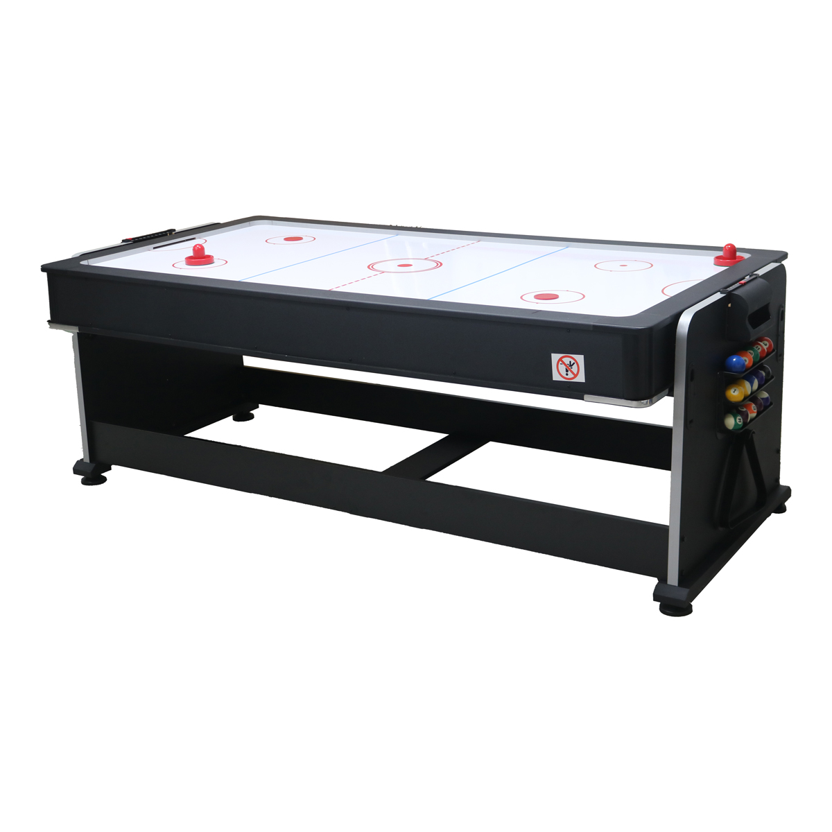 Czarny stół do hokeja na powietrzu z kulami bilardowymi obok.