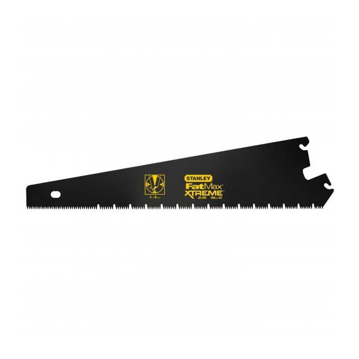 Eine schwarze Sägeblatt mit gelbem Stanley FatMax Xtreme Logo und Zähnen.