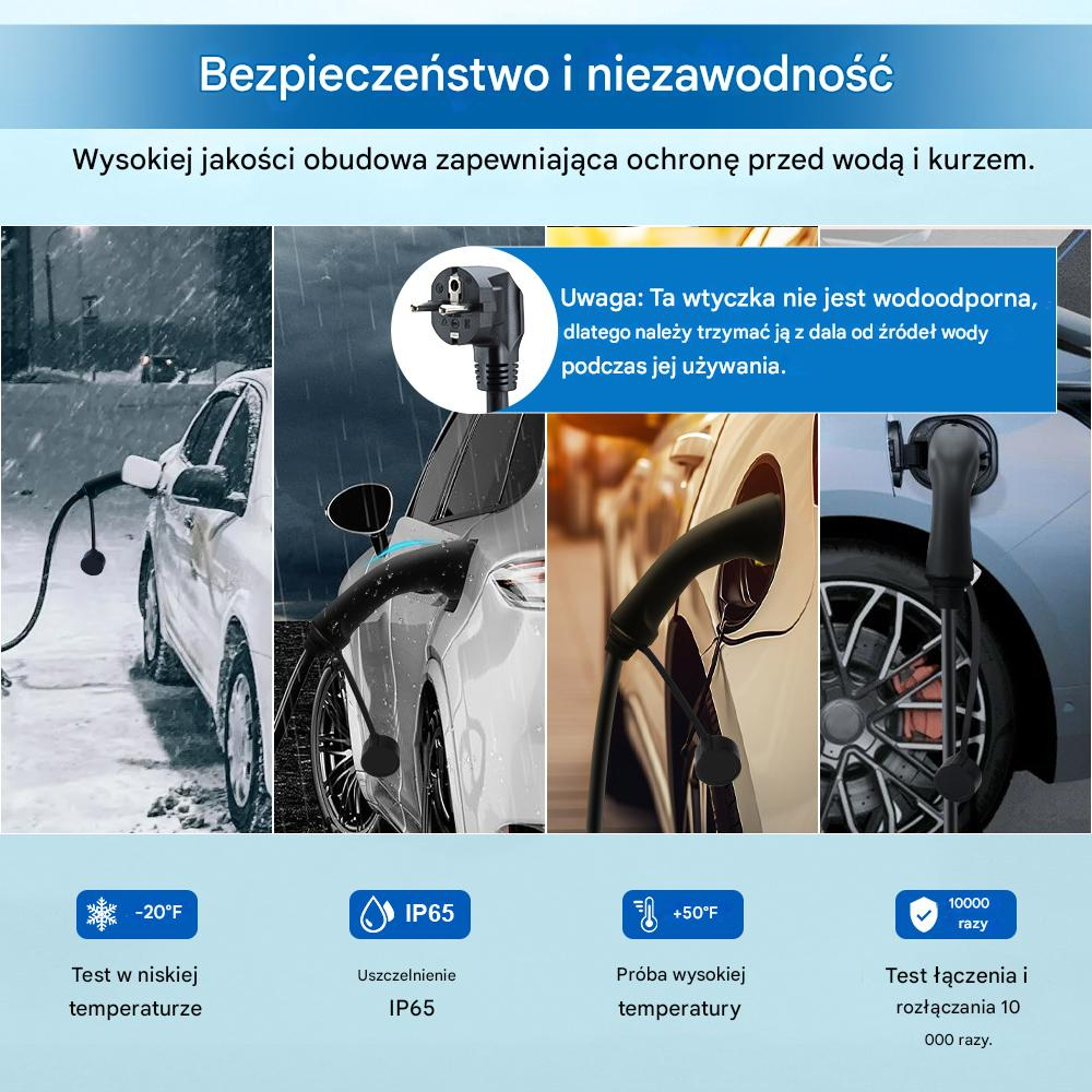 Cztery obrazy pokazują samochód elektryczny ładujący się w śniegu, deszczu i słońcu.