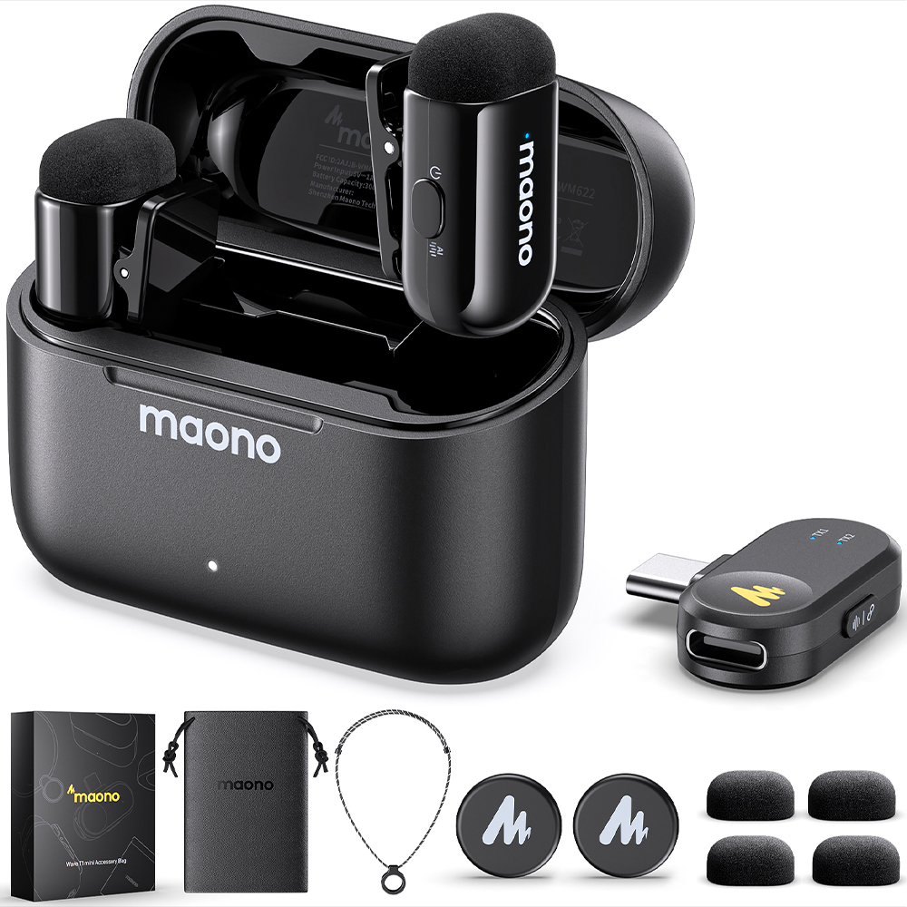 Set microfono wireless Maono nero con custodia di ricarica, dongle USB-C, custodia, cordino e antivento.
