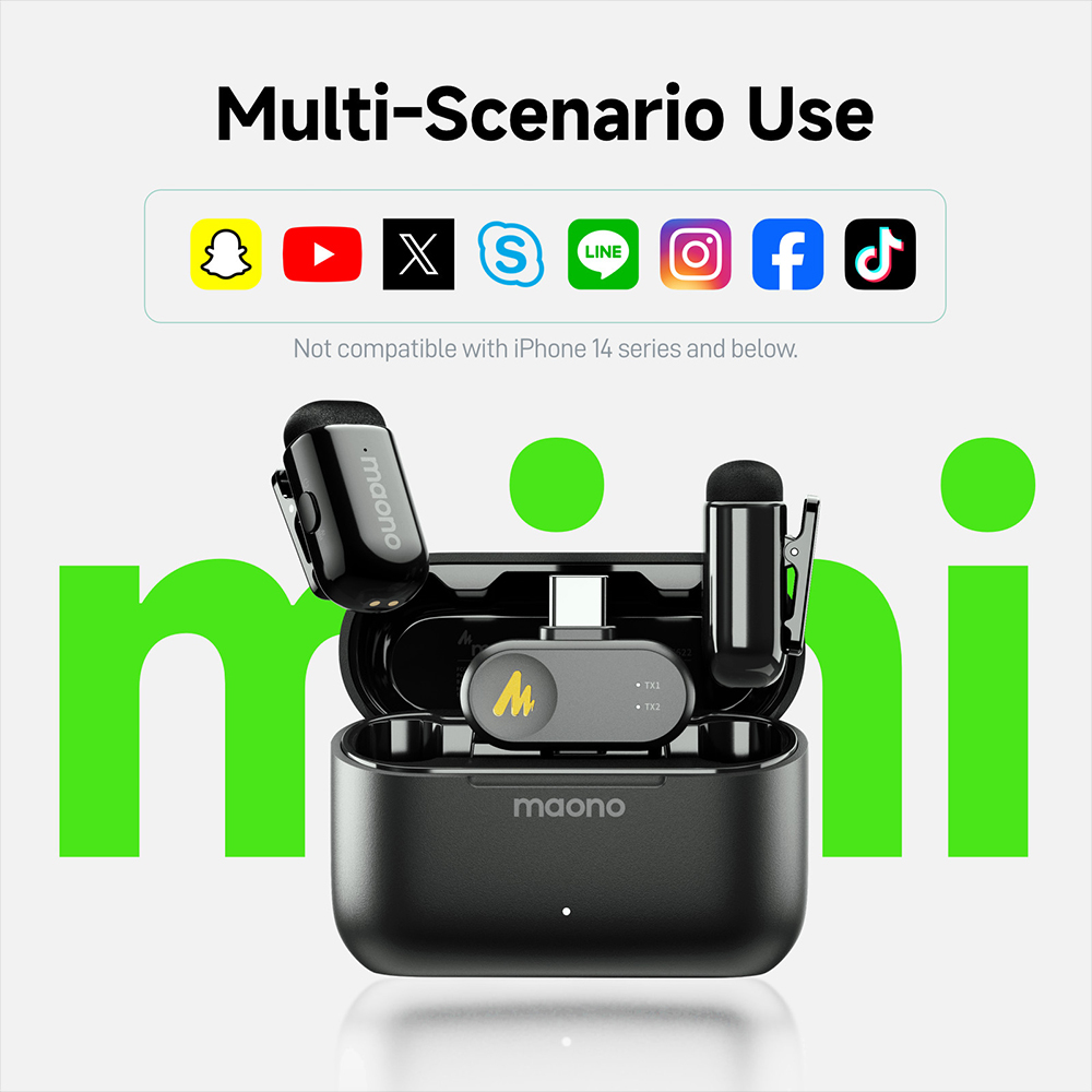 Set microfono nero con custodia di ricarica, compatibile con app social.