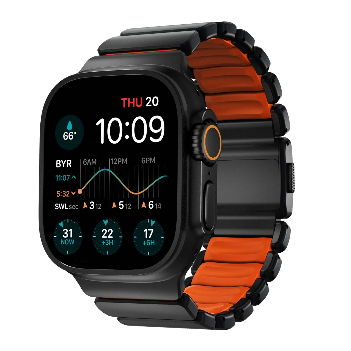 Eine Smartwatch mit schwarzem Gehäuse und orangefarbenem Armband zeigt 10:09 Uhr, Datum, Wetter und Gezeiten an.