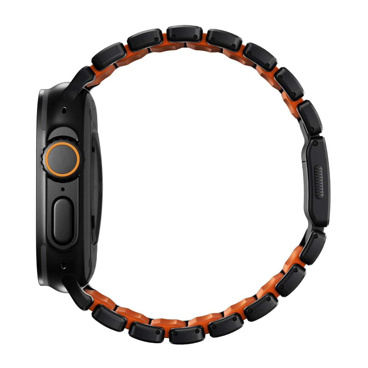 Schwarze Smartwatch mit orangefarbenem Armband, von der Seite gezeigt.
