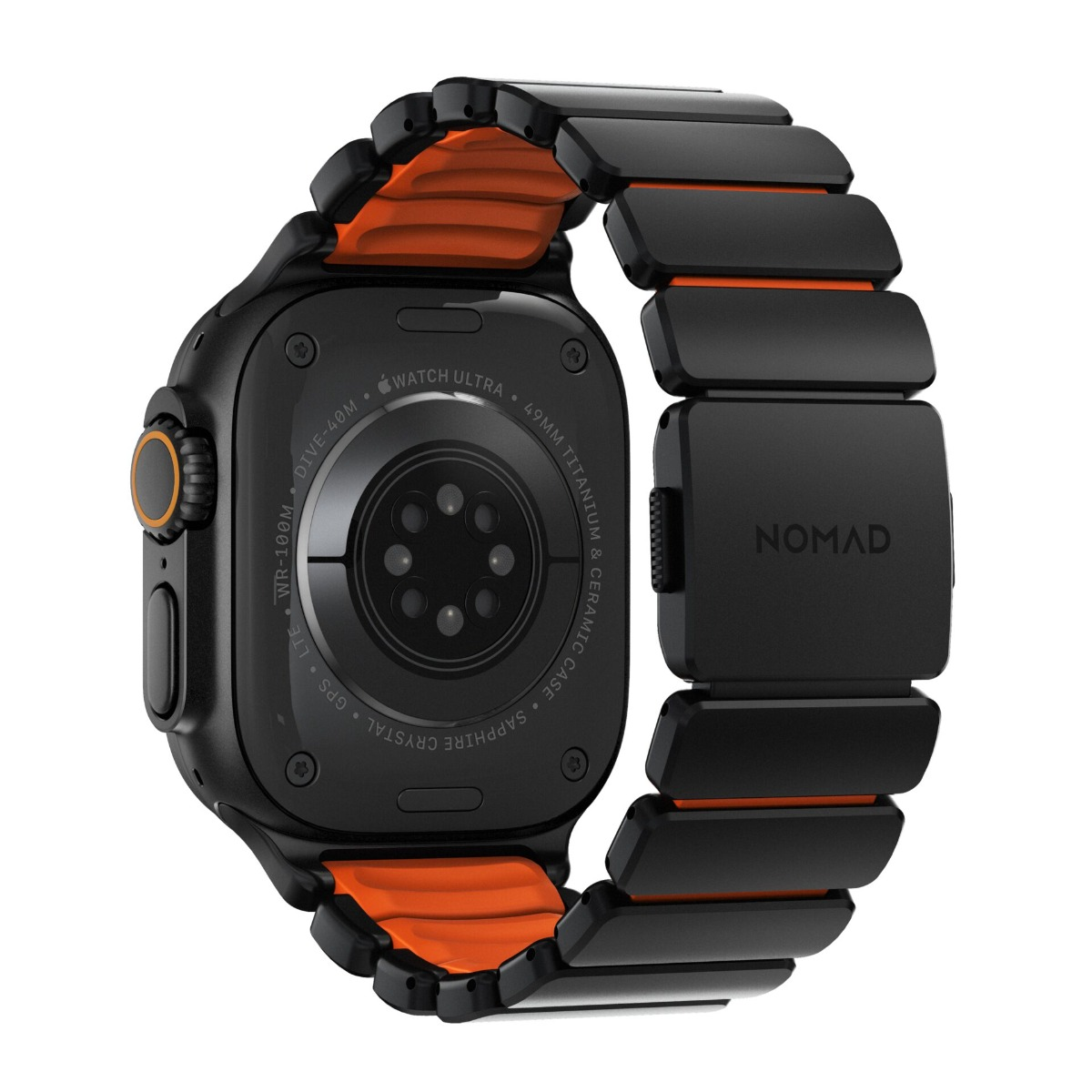 Schwarze Smartwatch mit orangenem Band und schwarzem Gliederarmband.