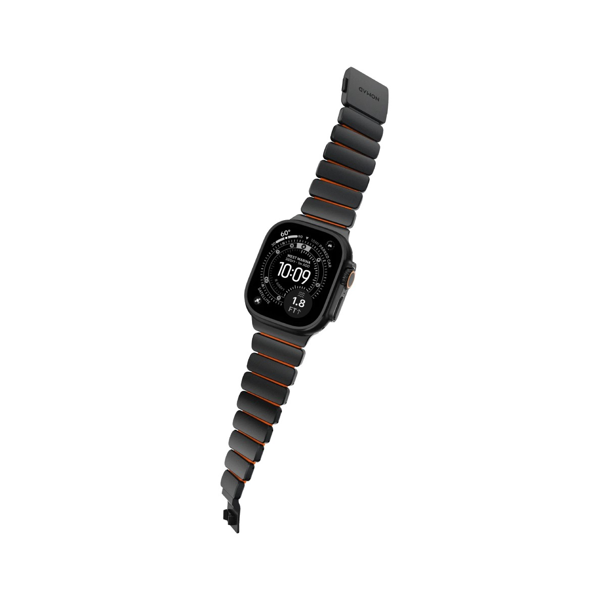 Eine graue Smartwatch mit orangefarbenen Akzenten und einem Metallarmband.