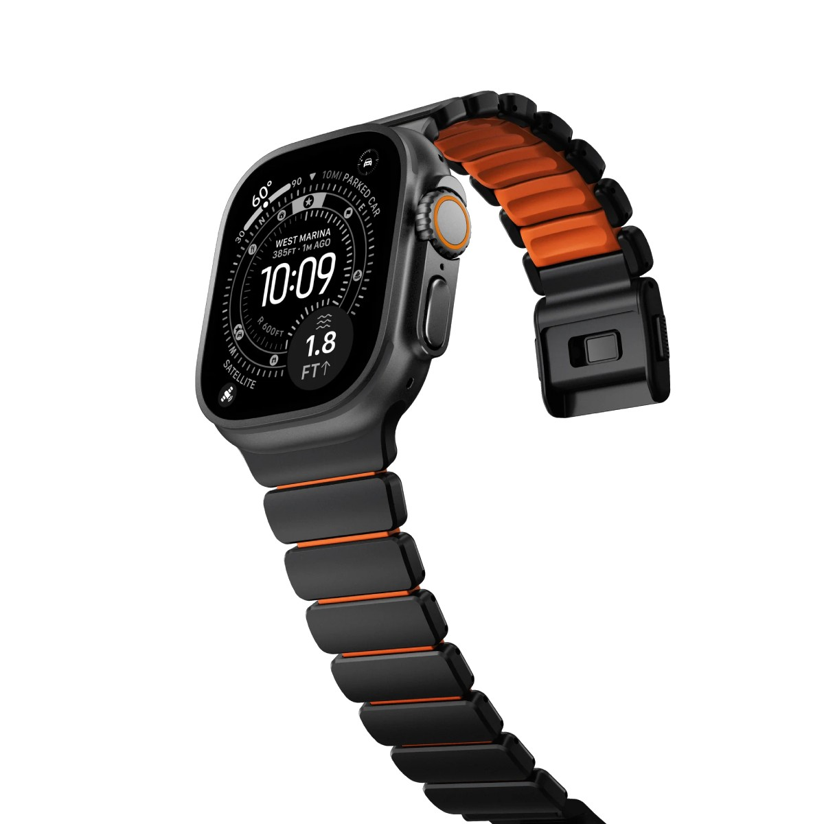 Eine graue Smartwatch mit orangefarbenem Armband zeigt 10:09, West Marina, 385 Fuß an.