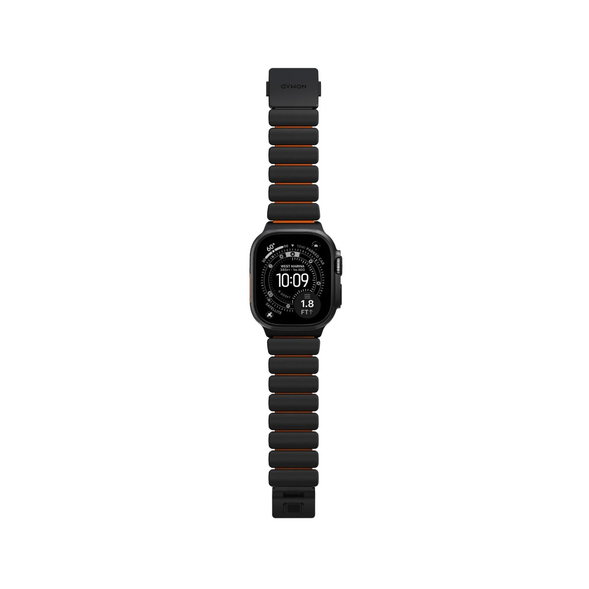 Schwarzes Smartwatch-Armband mit orangefarbenen Akzenten und digitaler Anzeige.