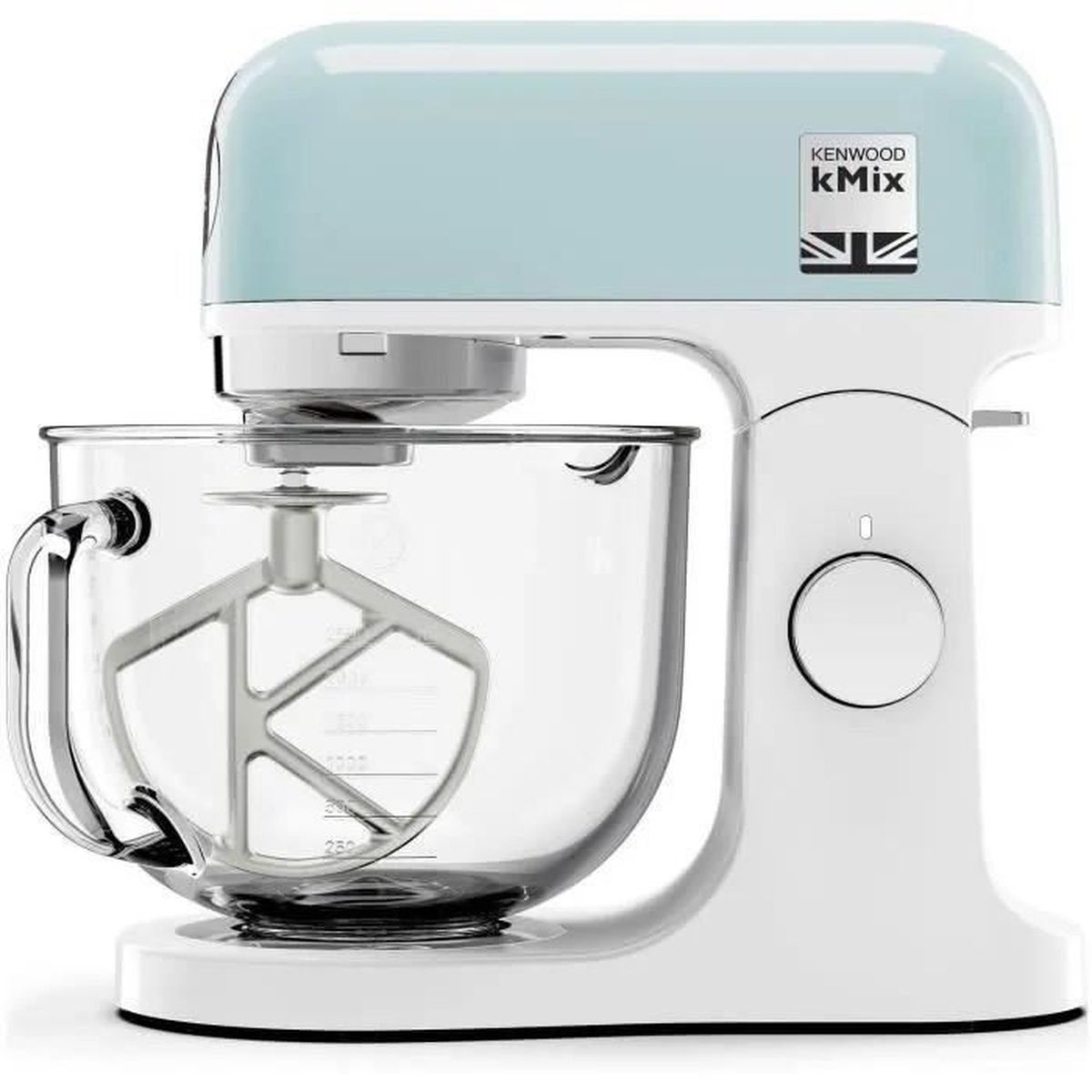 Ein weißer Kenwood kMix Küchenmixer mit blauem Oberteil und Rührschüssel.