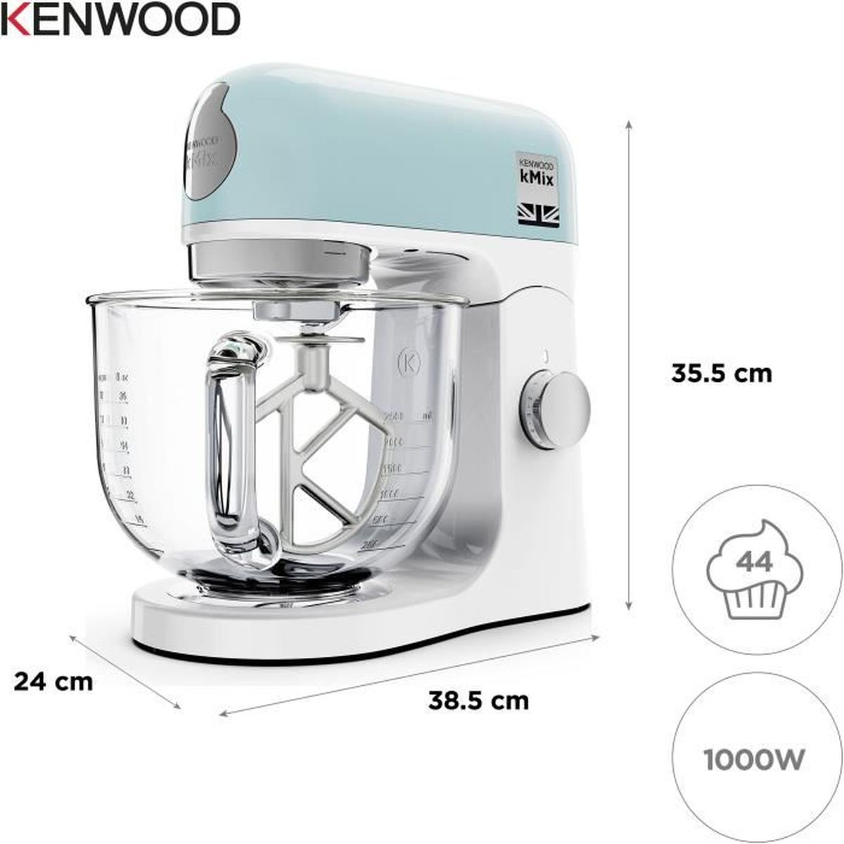 Ein hellblauer Kenwood Küchenmaschine mit Glasbehälter und silbernem Rührwerk.