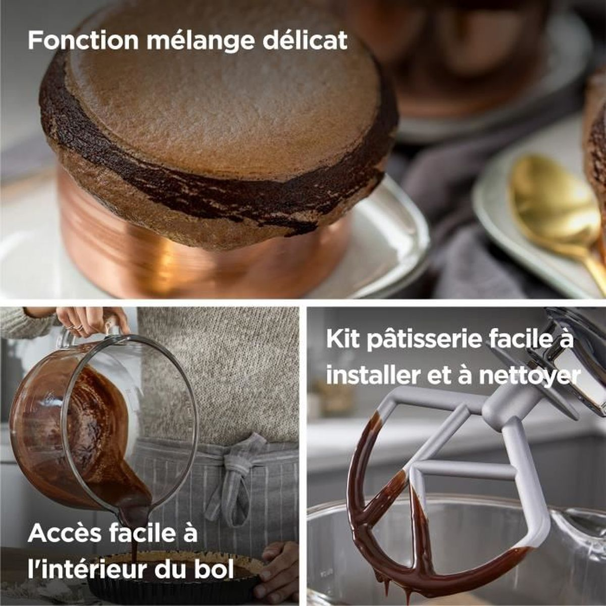 Drei Bilder: eine Delikatesse in einer Kupferform, Schokoladensauce, und ein Küchenmaschinenaufsatz.