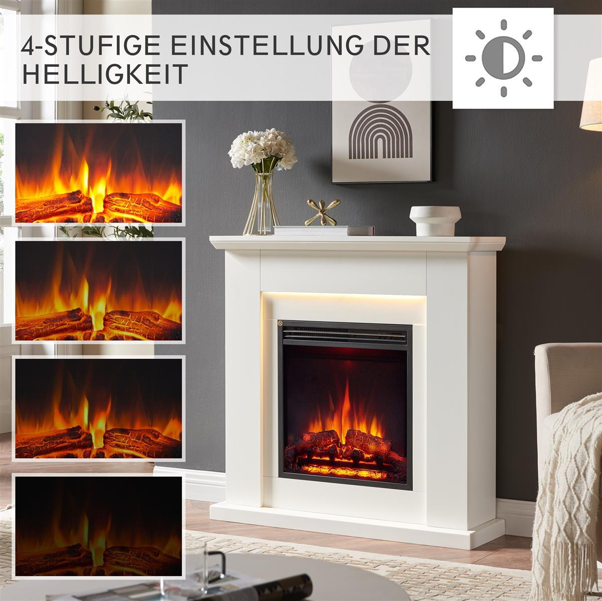 Weißer Elektrokamin mit Flammenanzeige und 4 Helligkeitsstufen.