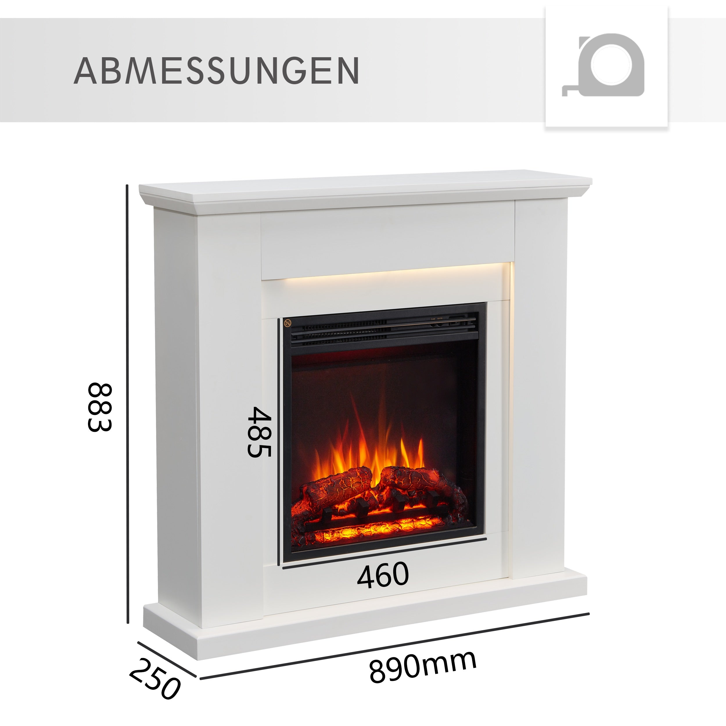 Ein weißer Elektrokamin mit leuchtenden Flammen und Maßen.