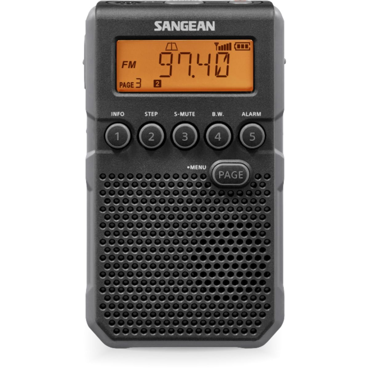 Una radio Sangean nera con display arancione che mostra 97.40.