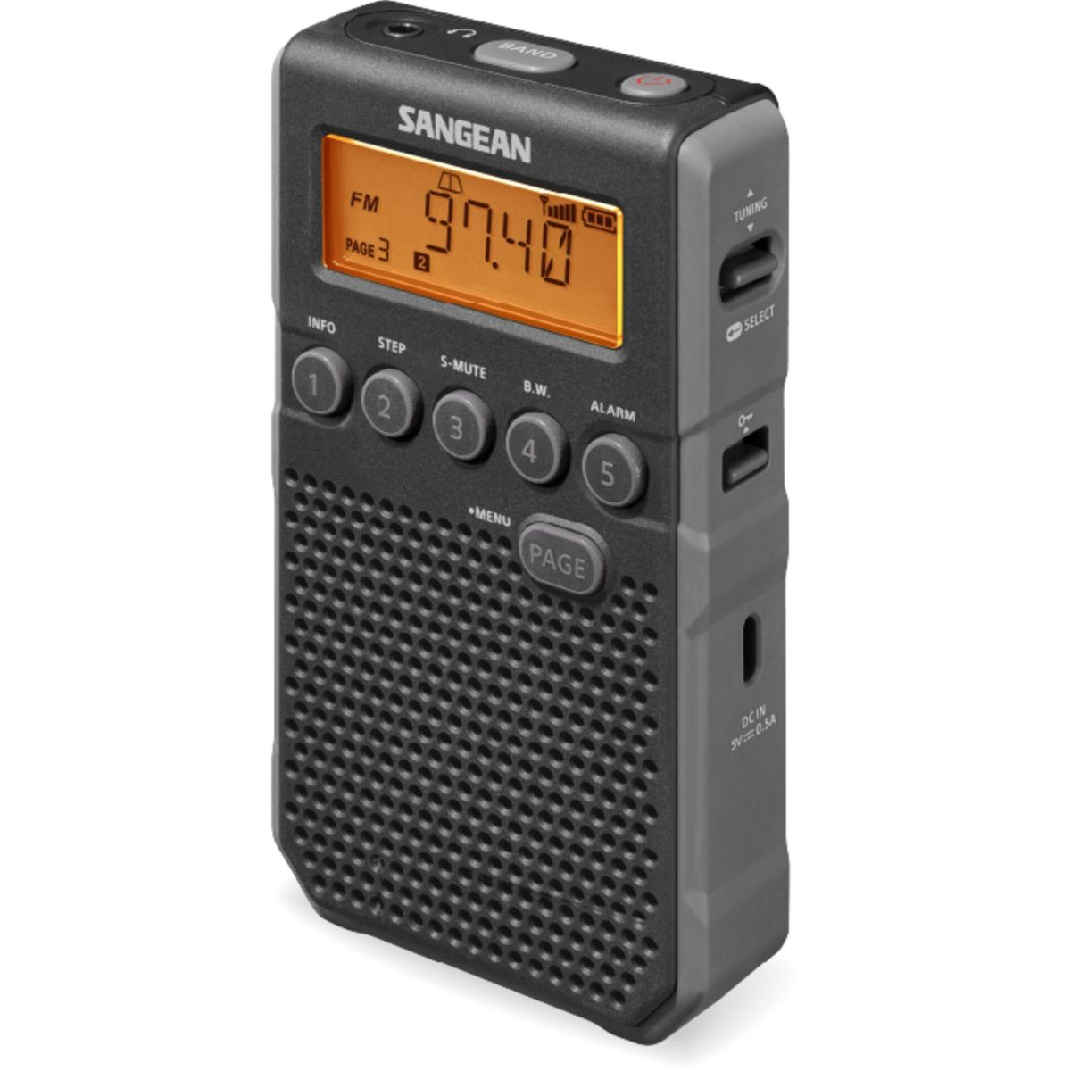 Una radio Sangean nera con schermo LCD che mostra 97.40 FM.
