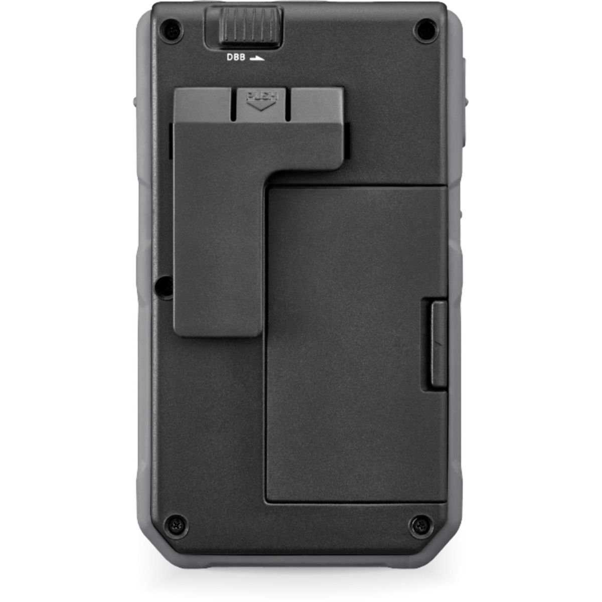 Retro di un dispositivo nero con clip, pulsanti e vano batteria.