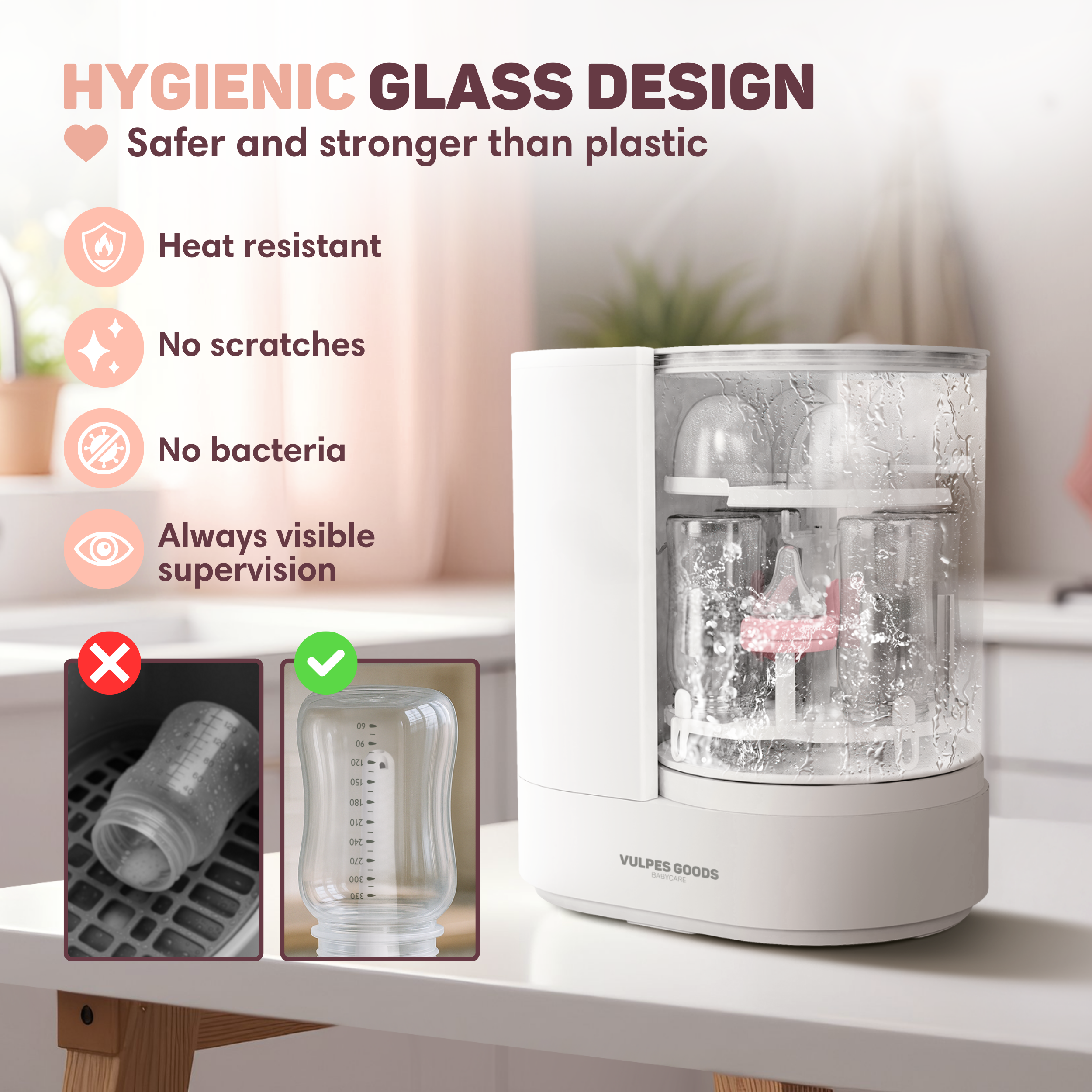 A baby bottle steamer with a transparent, water-beaded housing.