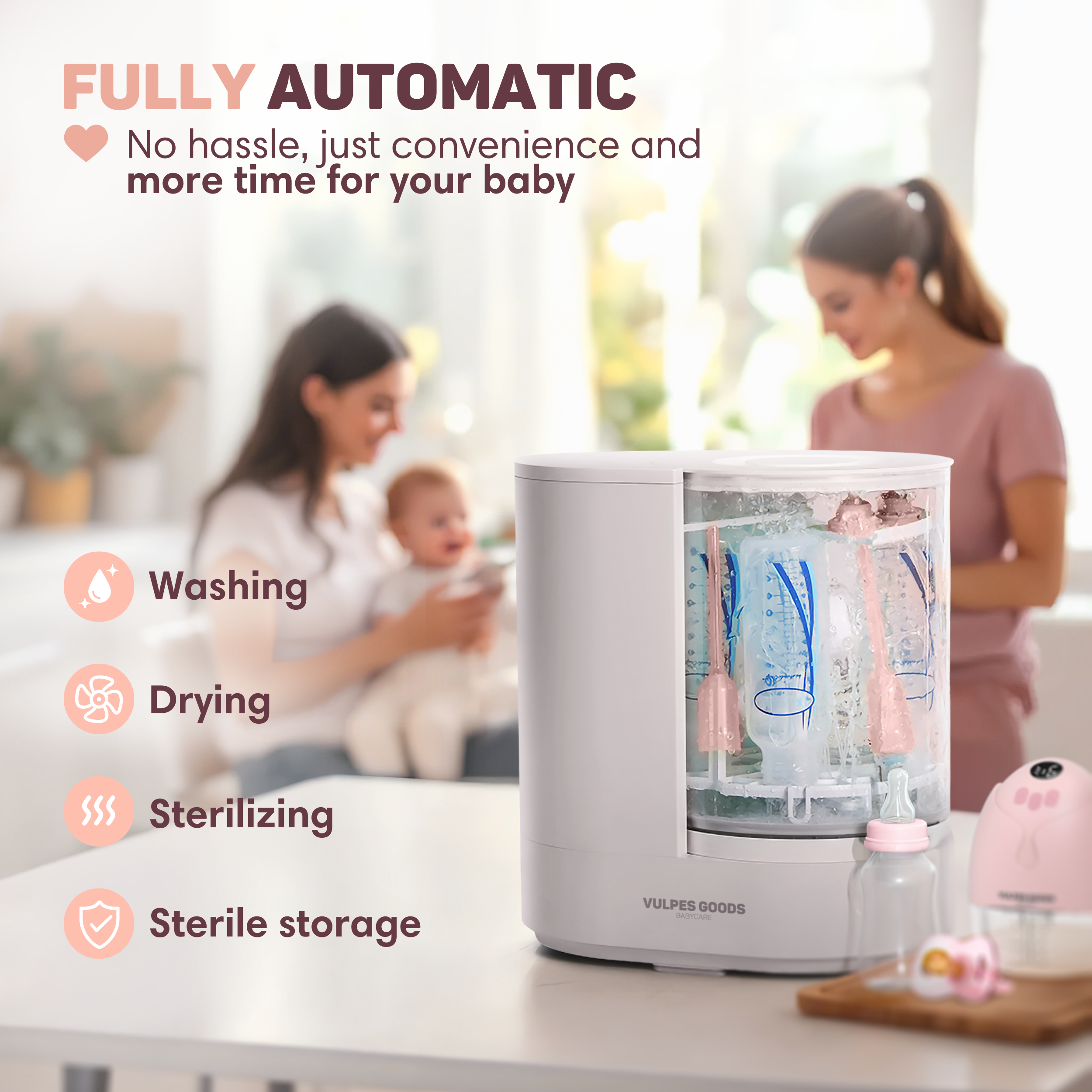 Baby bottle sterilizer with washing, drying, sterilizing, and storage functions.