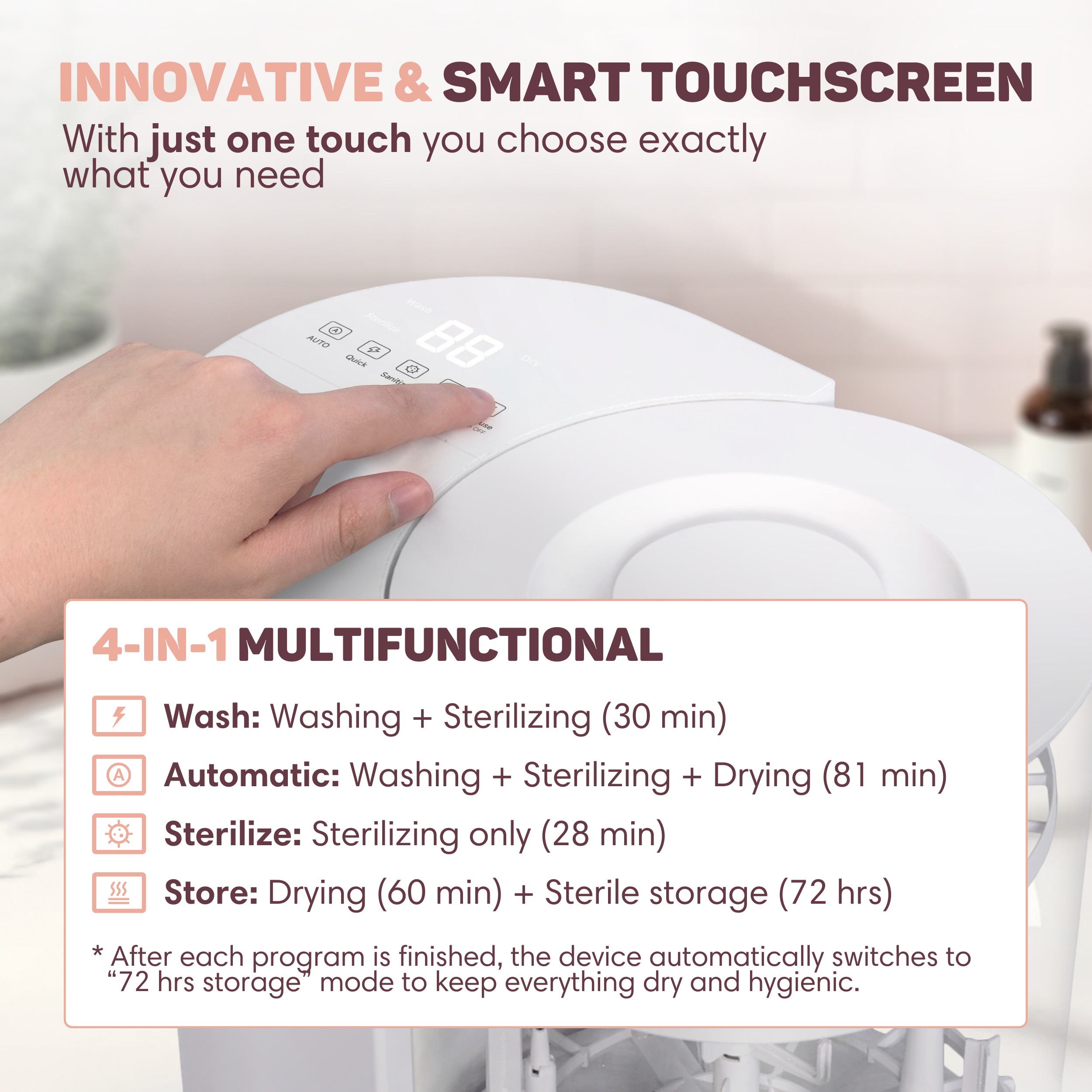 A hand presses a button on a white, four-function touchscreen device.