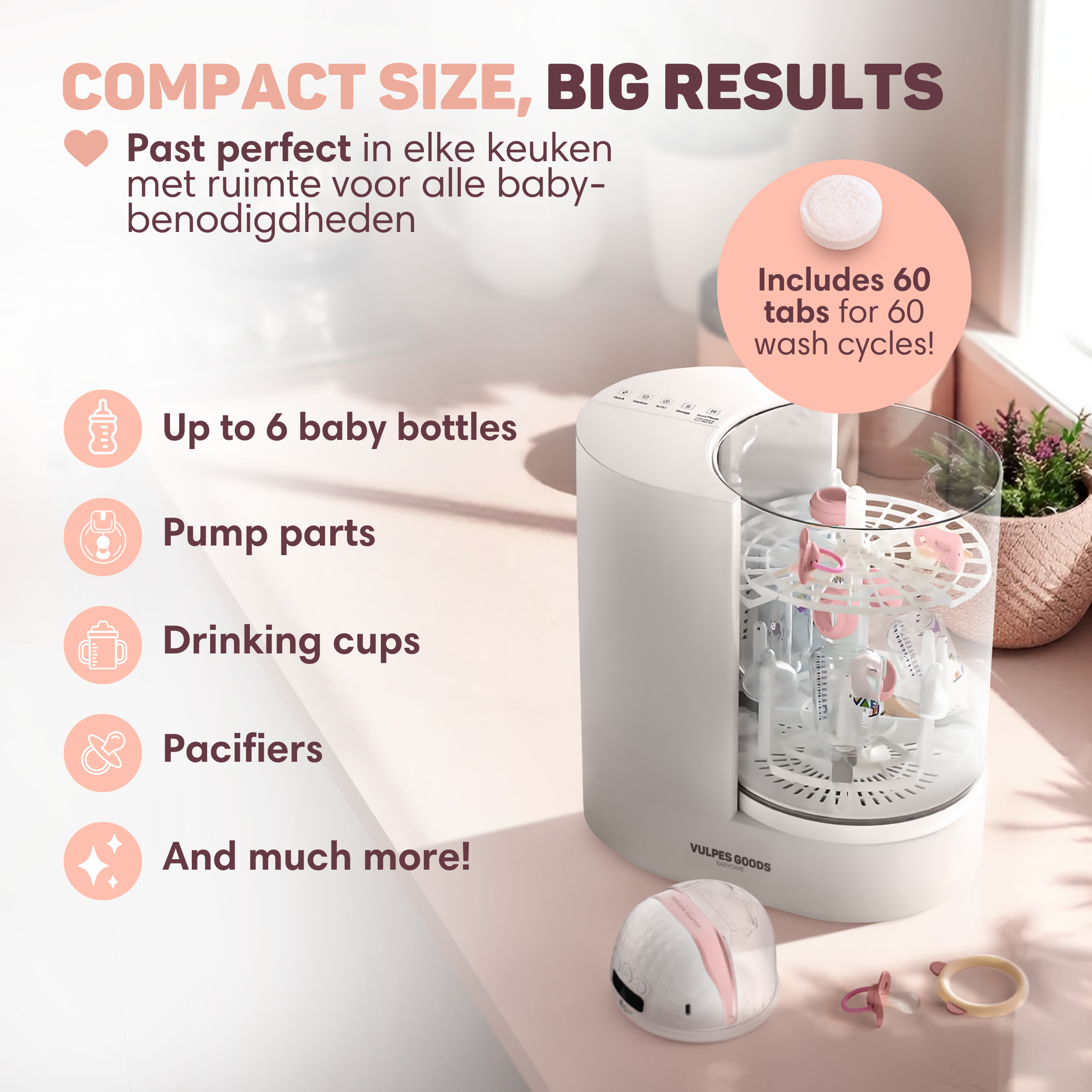 A baby bottle sterilizer with bottles, pacifiers, and pump parts inside.