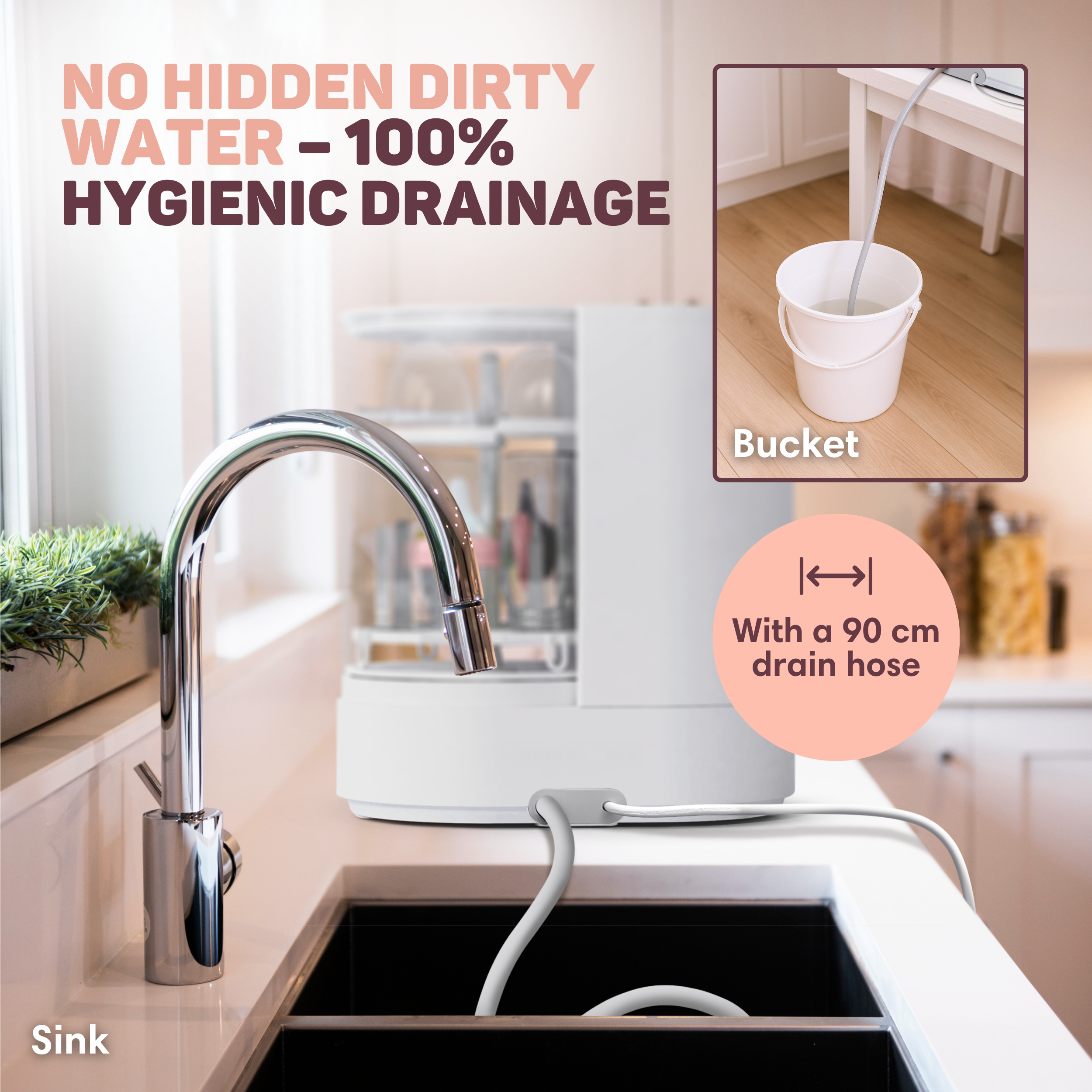 A modern faucet over a sink, with an appliance and bucket nearby.