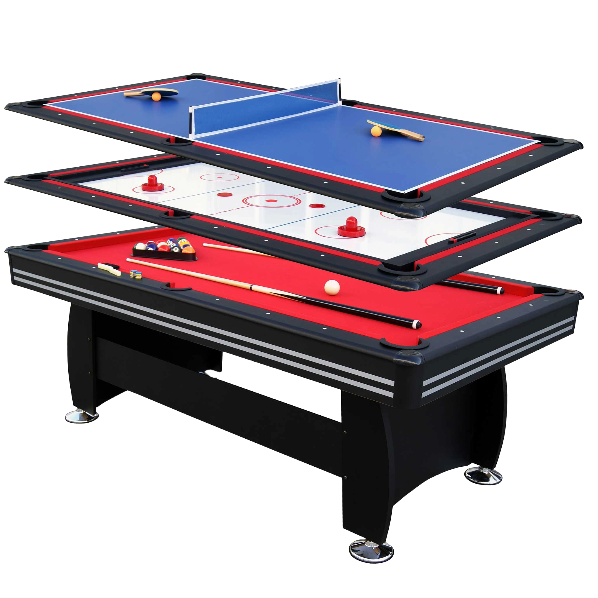Stół wielogrowy z powierzchniami do bilarda, hokeja powietrznego i tenisa stołowego.