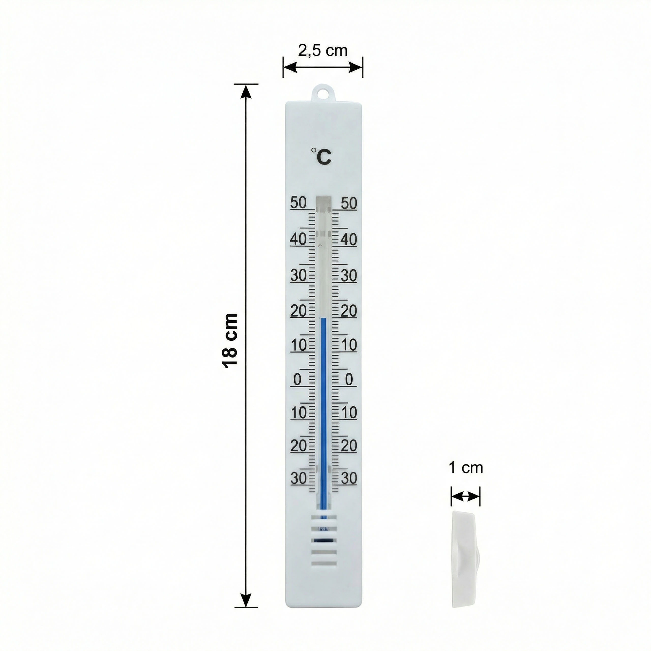 Ein weies Thermometer mit blauer Flssigkeit, das Temperaturen von -30 bis 50 Grad Celsius anzeigt.