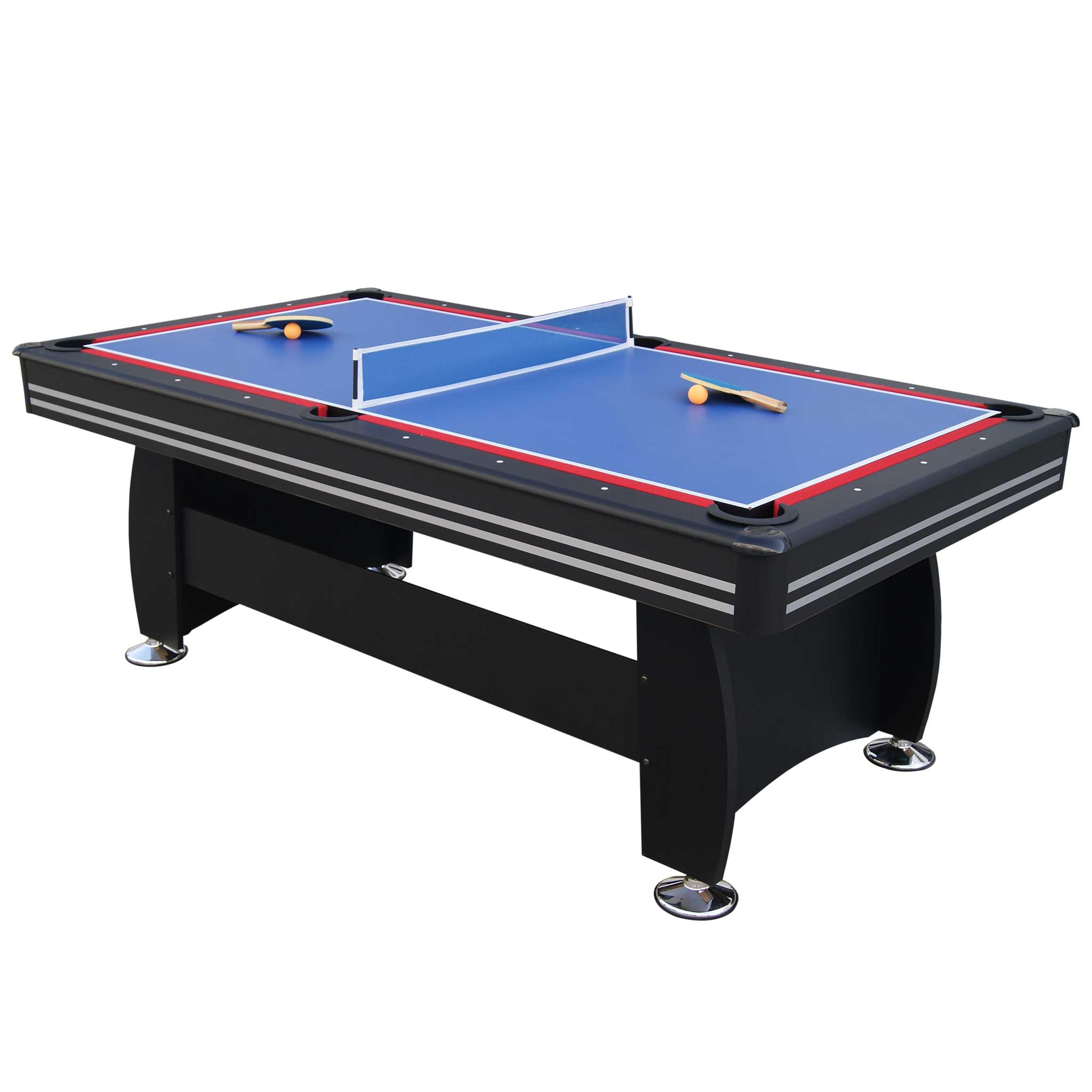 Czarny stół wielofunkcyjny z niebieskim blatem do tenisa stołowego i siatką.