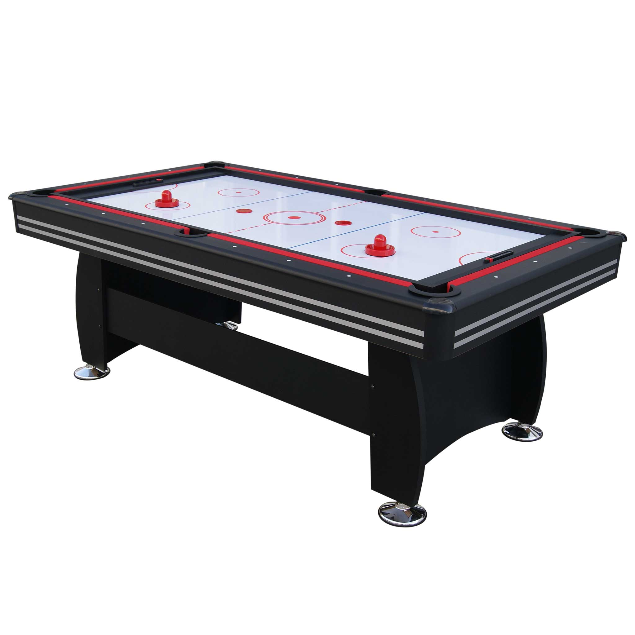 Czarny stół do gry w hokeja na powietrzu z czerwonymi zdobieniami i trzema czerwonymi krążkami.