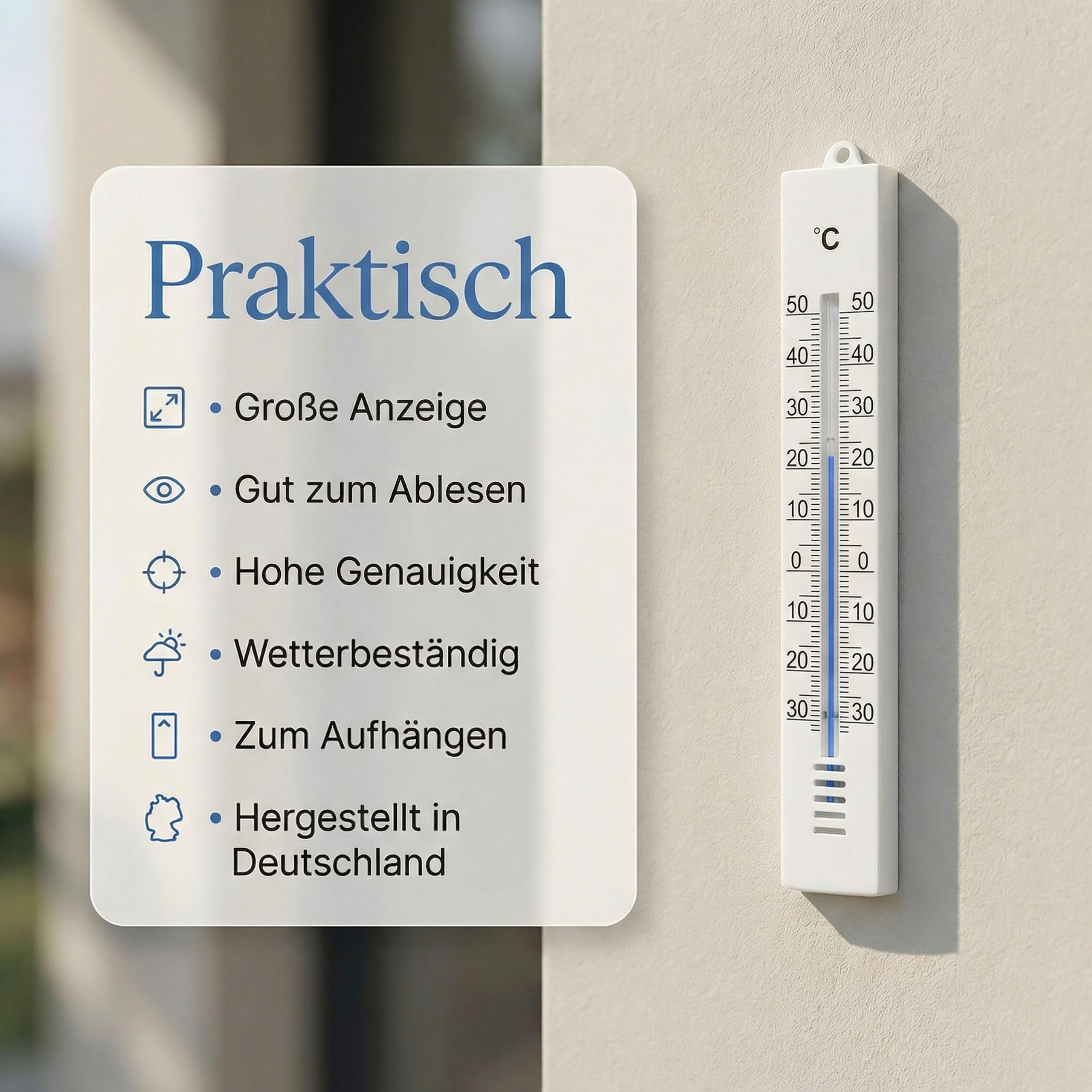 Ein weißes Thermometer hängt an einer texturierten Wand neben einer Tafel mit deutschen Produktmerkmalen.