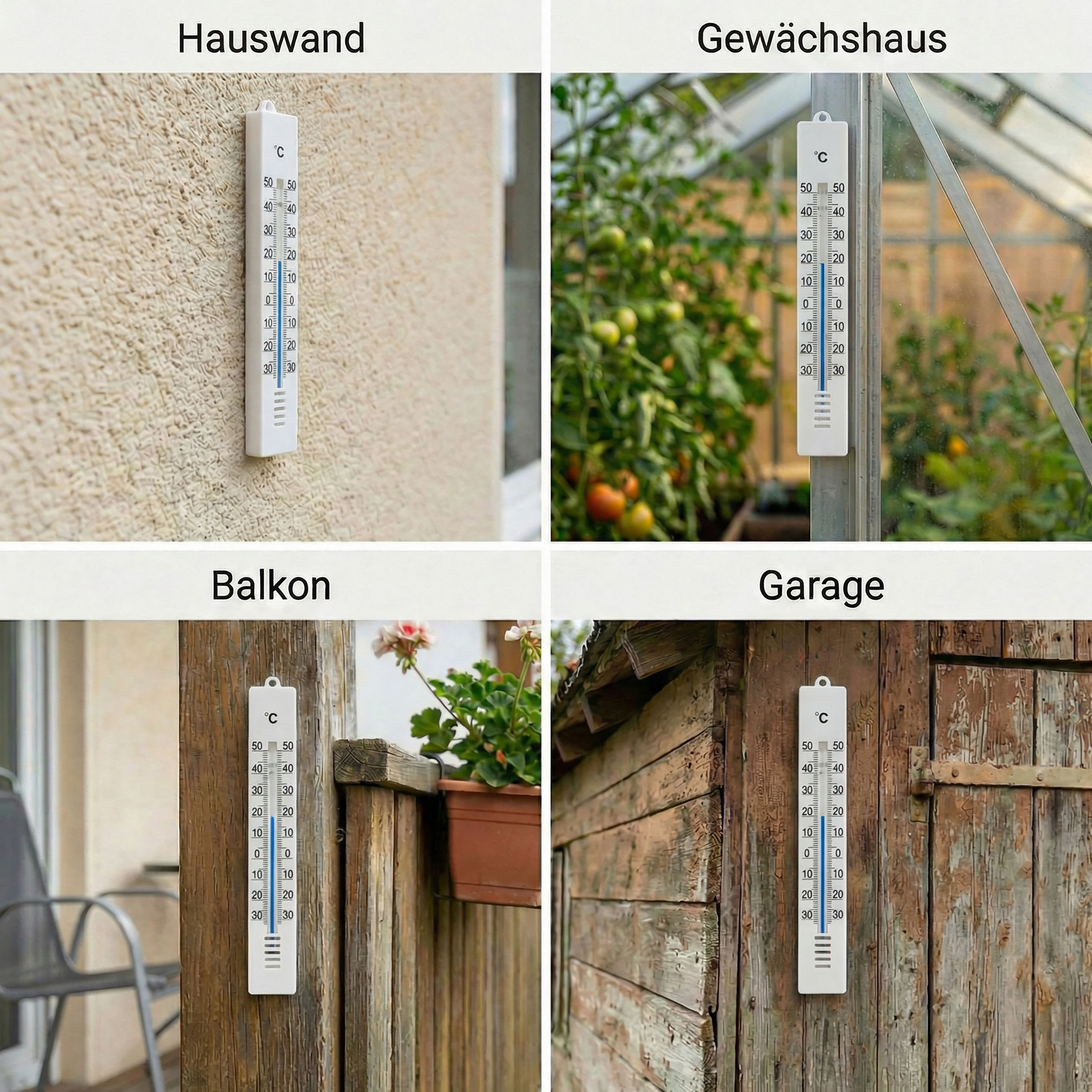 Vier Thermometer: Hauswand, Gewächshaus, Balkon, Garage. Messwerte variieren.