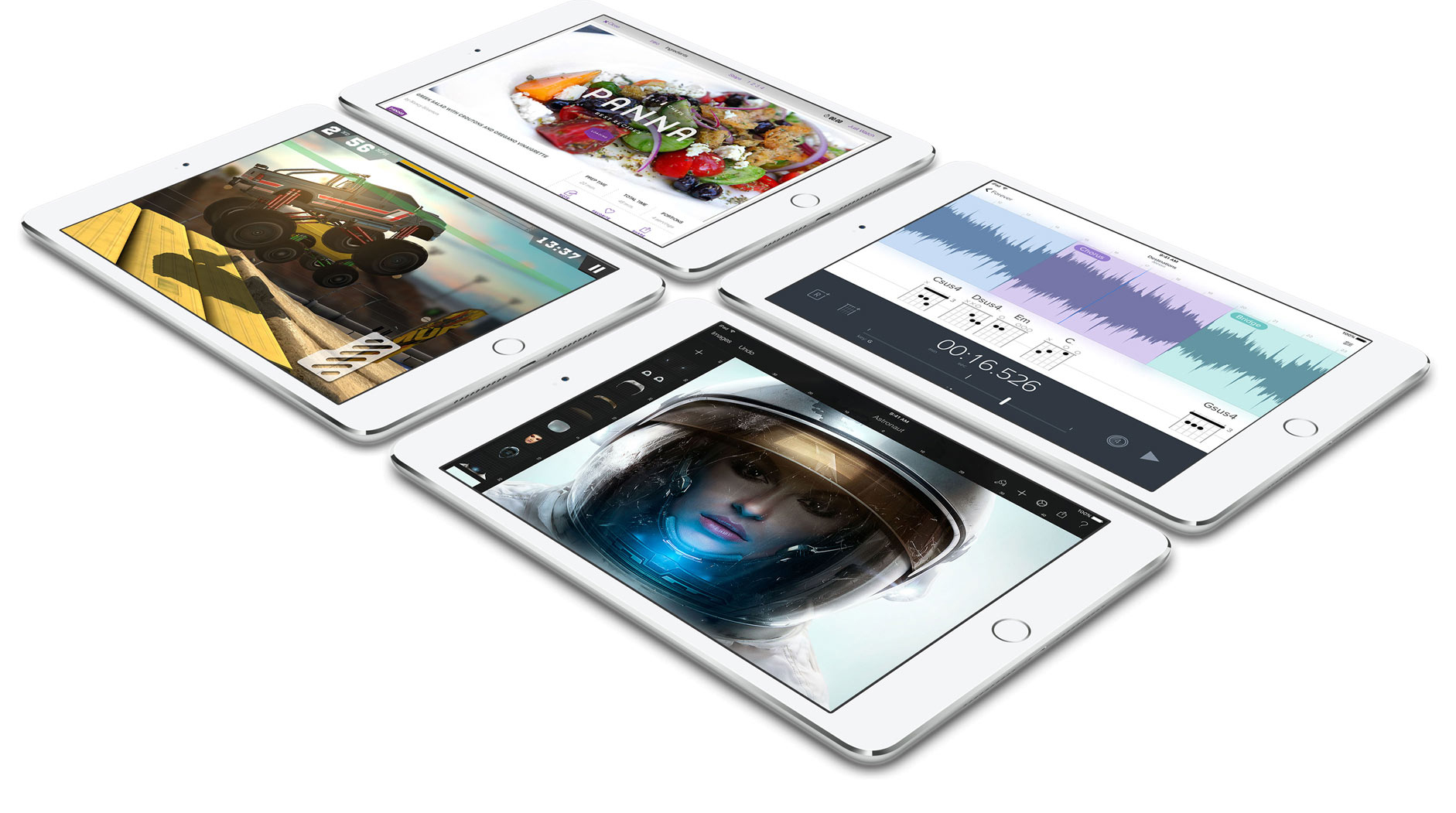 Vier Tablets zeigen bunte Apps: Rennspiel, Essen, Musik und Astronaut.