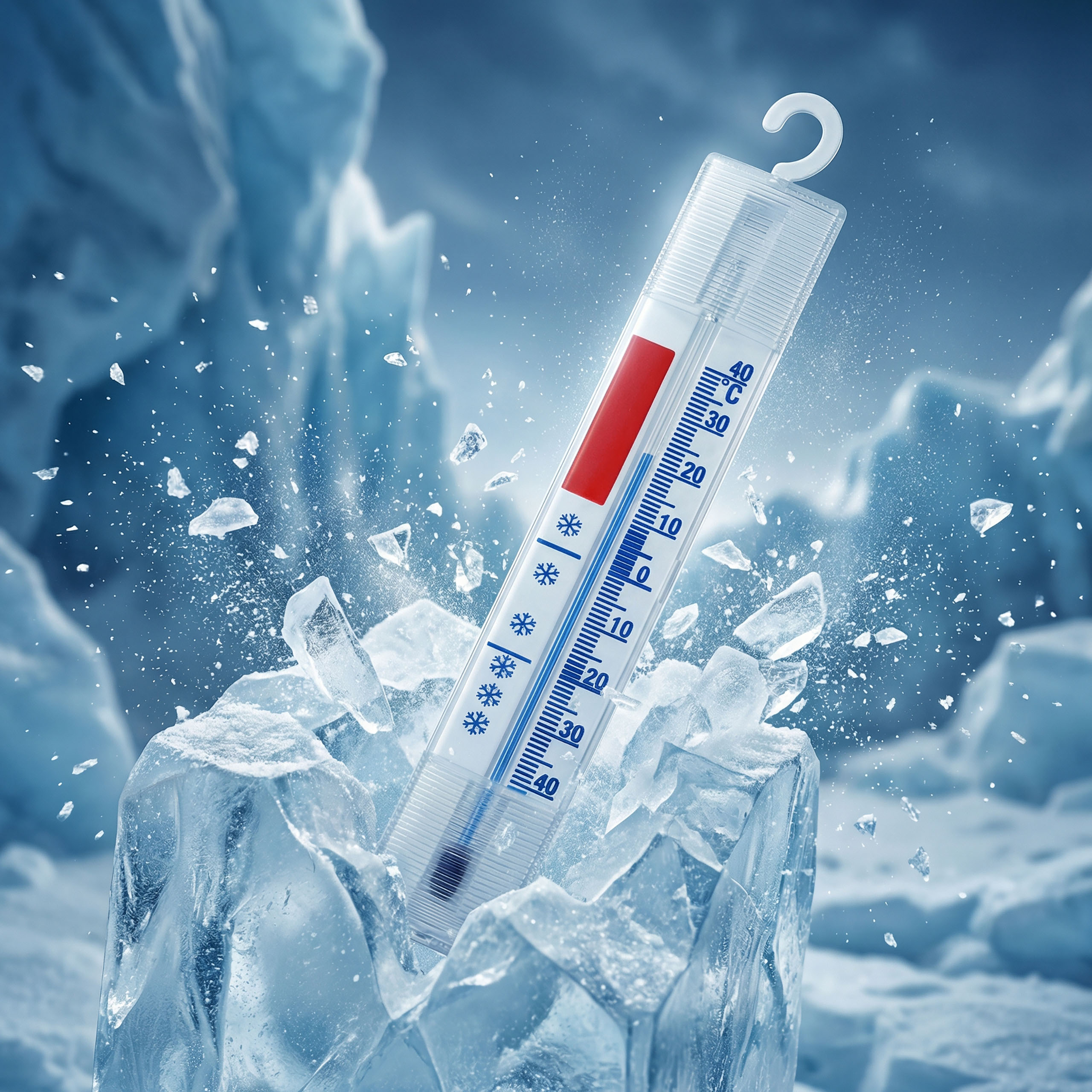 Thermometer in Eis, das zerbricht. Sehr kalt, mit Schneeflockensymbolen.