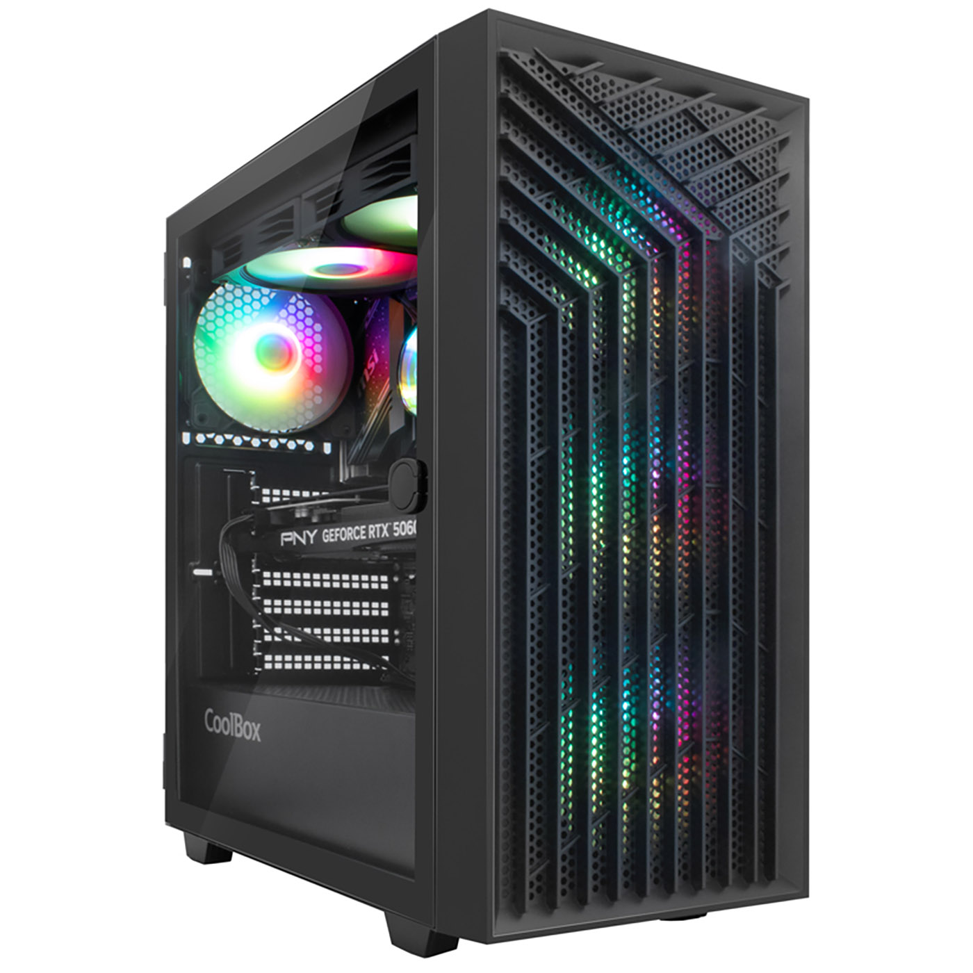 Caja de PC negra con ventana de cristal, ventiladores RGB y panel frontal iluminado.