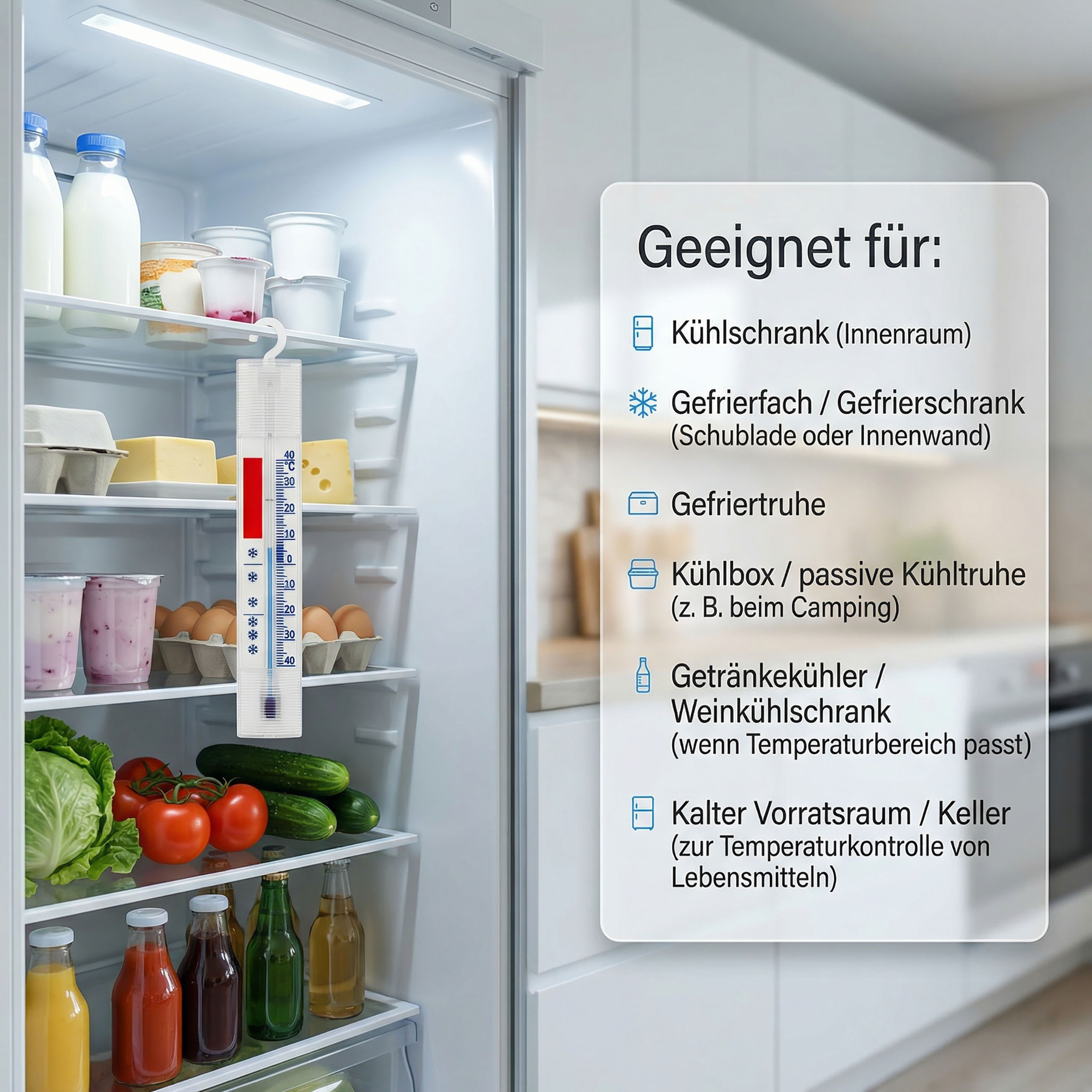 Ein Kühlschrank mit Lebensmitteln und einem Thermometer. Text listet Einsatzorte auf.